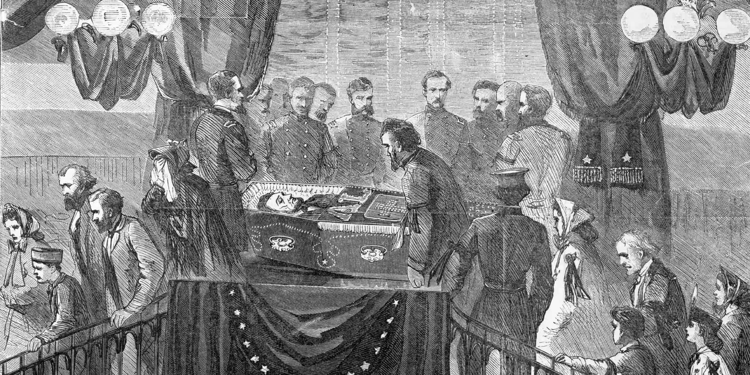 Abraham Lincoln lying in his coffin with a line of people coming to view him.