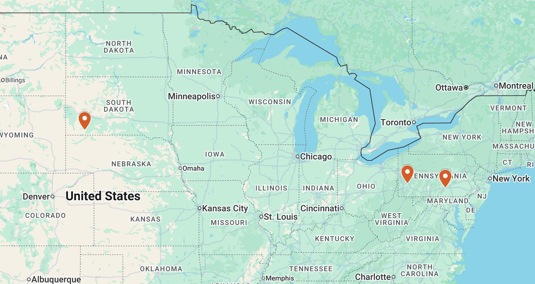 Map showing the locations in this story: Pine Ridge, South Dakota; Edgewood, PA; and Carlisle, PA.