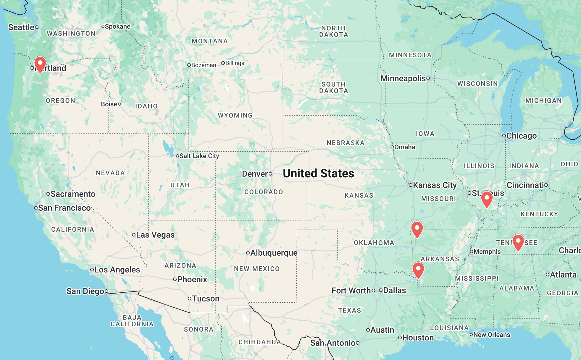 Map of locations in the story: central Tennessee, Washington County, Arkansas, Marion, Illinois, Texarkana, Texas, and Baker County, Oregon