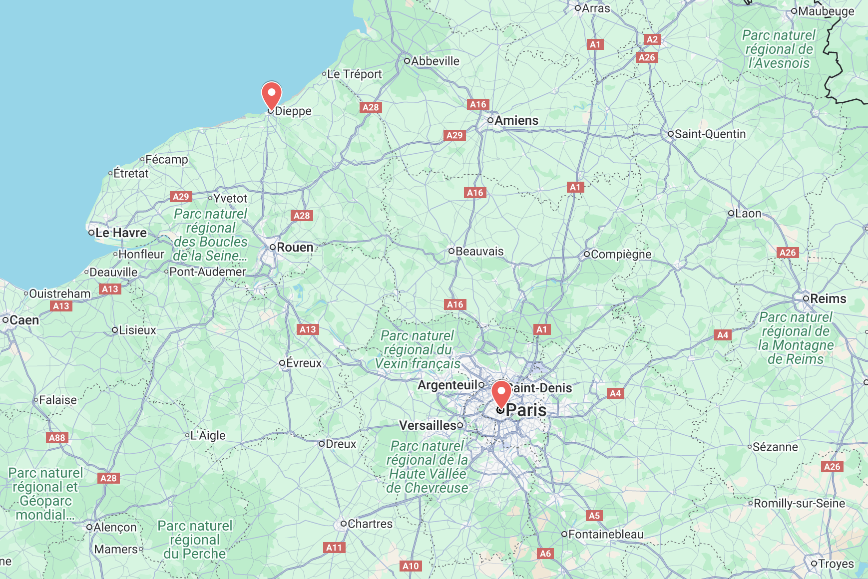 Map showing the locations of Paris and Dieppe