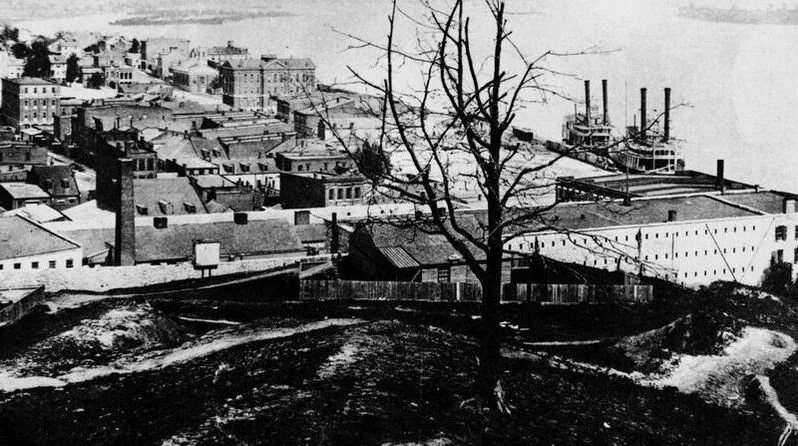 Black and white photo of prison complex