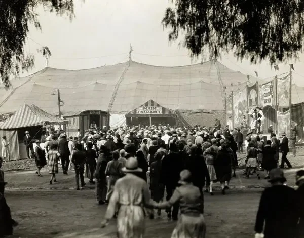 Crowd outside circus entrance
