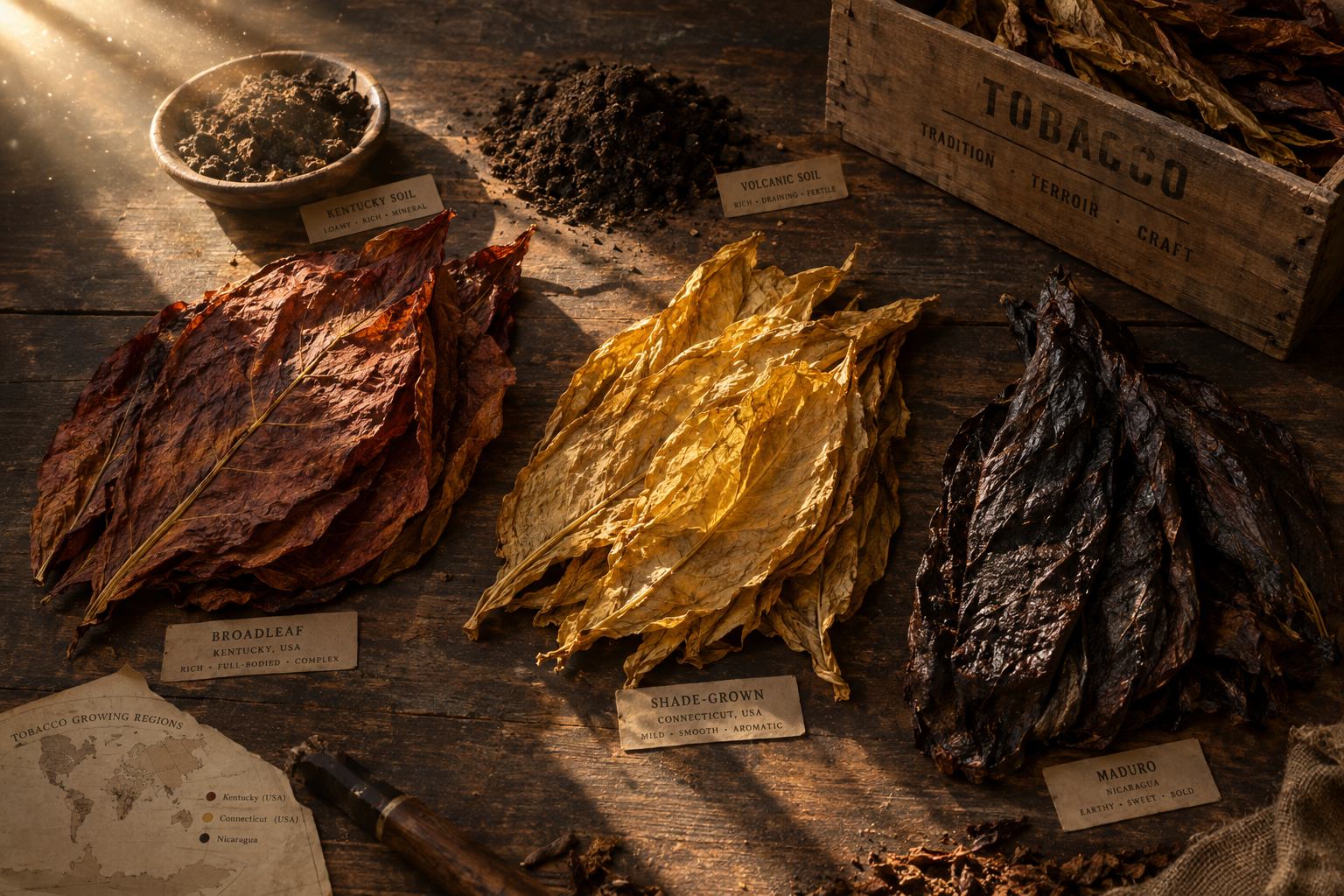 Overhead view of raw tobacco leaves from different growing regions arranged on a rustic wooden table with soil and warm side lighting.