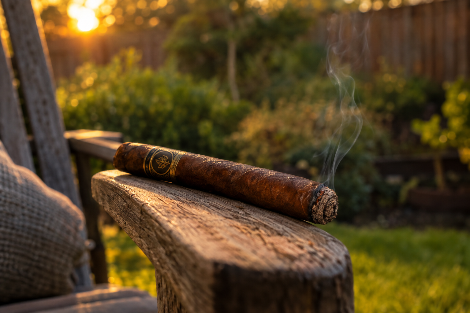 A hand-rolled premium cigar resting on a wooden armrest in a backyard setting at dusk, with soft golden light and a thin trail of smoke rising against a blurred green background.