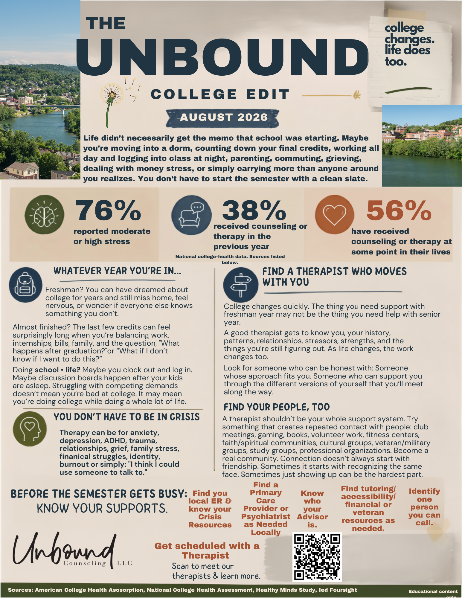 Poster titled "The Unbound College Edit August 2026" with a scenic background of a river and green hills. Contains information about college life challenges, mental health statistics, tips for students, and resources for support, with a logo for Unbound Counseling, LLC, and a QR code at the bottom.