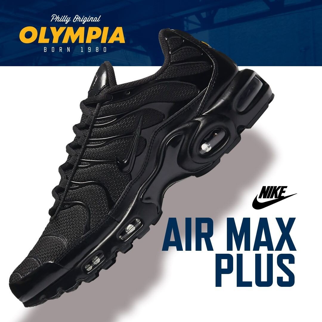 🔥 Nike Air Max Plus Men's 'Black'. Get 'em this weekend at Olympia! Spend $100 get 10% off in our Annual Back to School Sale! Tag us and show us your on feets!&nbsp;@olympiafootwear

.

.

.

.

#olympiafootwear #philadelphia #philly #phillyphilly #