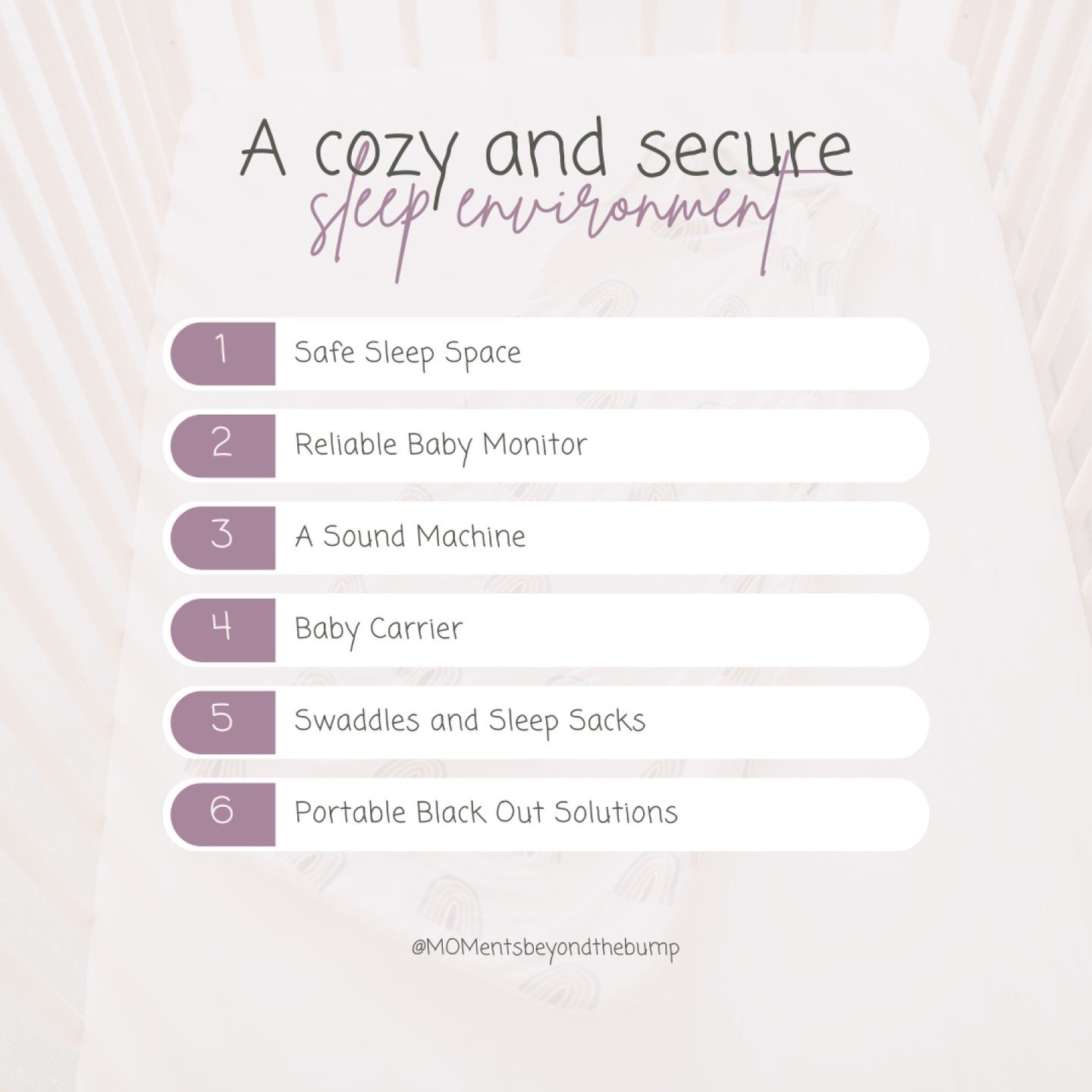 Here&rsquo;s a roundup of 6 essential items that I swear by for creating a cozy and secure sleep environment for your little one, based on my personal experience as a mom:

1⃣ A safe sleep space: 
Whether it's a bassinet, mini crib, full crib, or pac