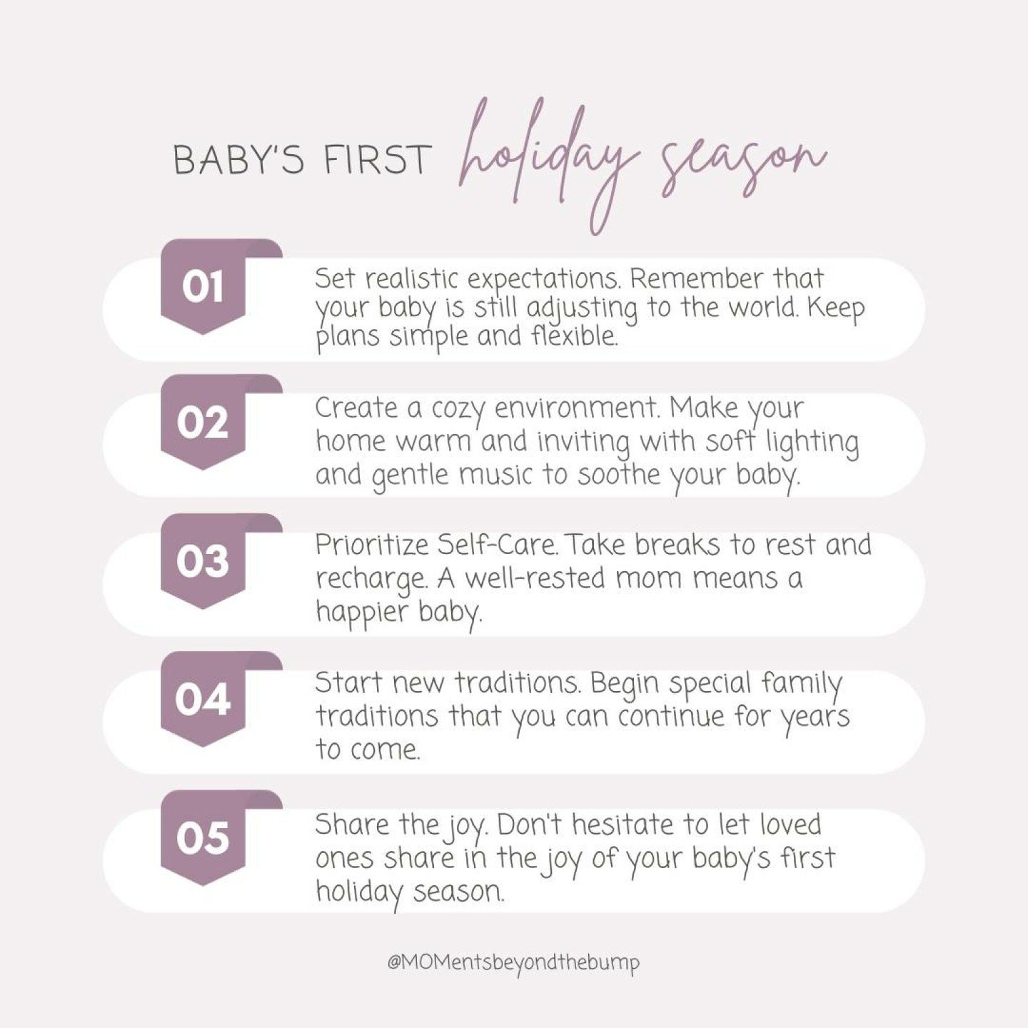 The holiday season is here, and it's your little one's very first! While the fourth trimester can be challenging, there are plenty of ways to make this time magical. 🎄

Here are some tips to help you both enjoy the holidays to the fullest 👇🏼

✨Set