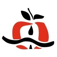 A stylized illustration of an apple with a mustache, using black and red shapes.
