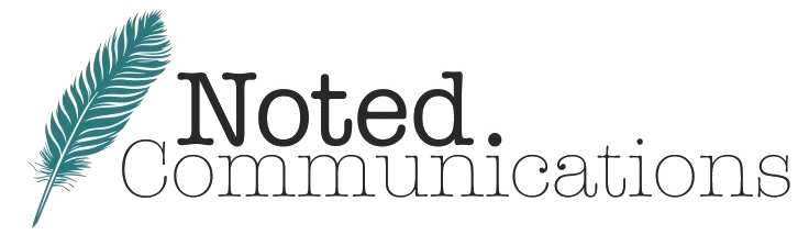 Logo for Noted Communications featuring a blue feather on the left