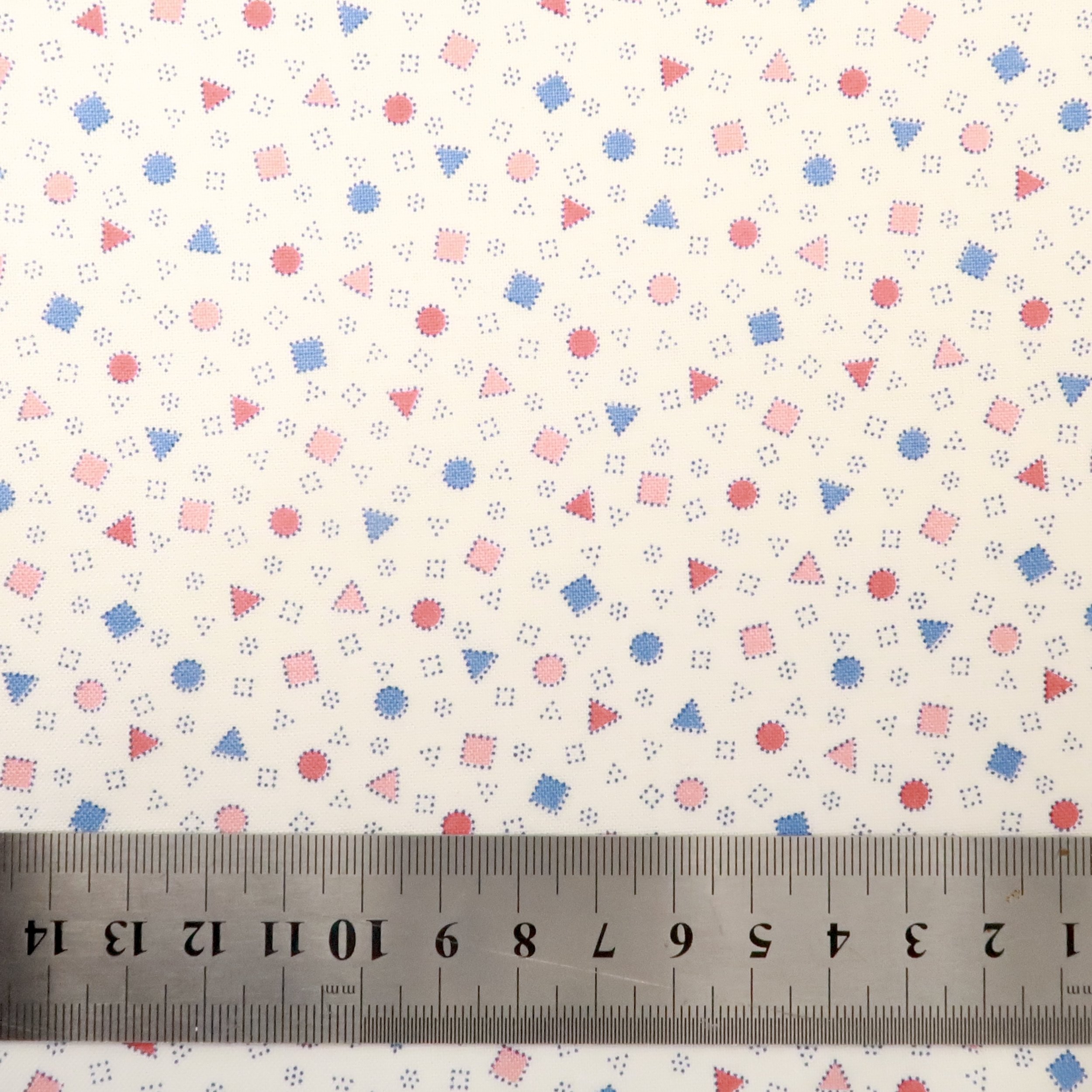 Retro pink and blue shapes on ivory fabric