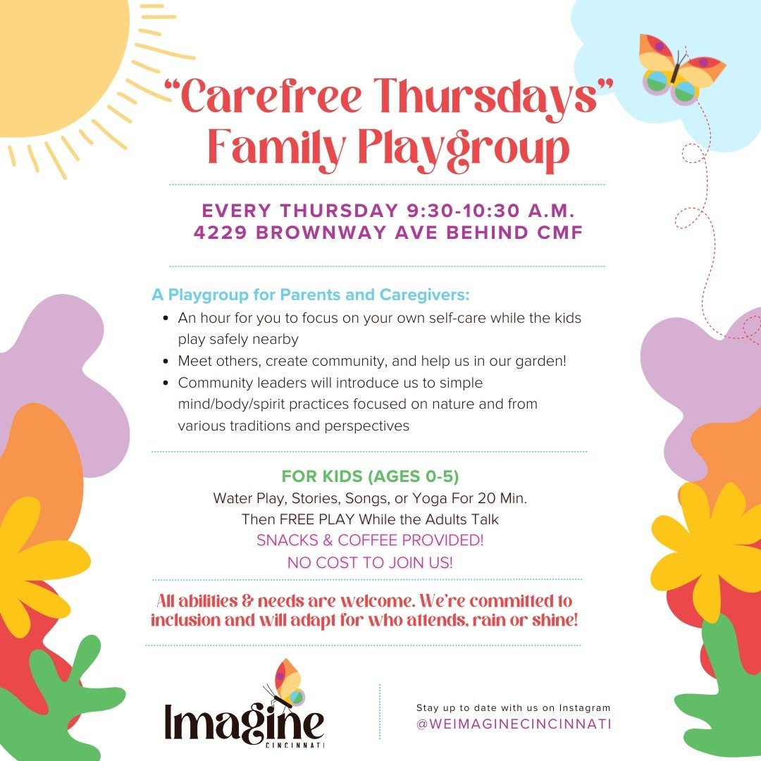 We are thrilled to announce we are starting a SECOND weekday playgroup in OAKLEY! Join us on Thursday mornings (9:30 AM) starting MAY 30th. 

Our friends at Cincinnati Mennonite Fellowship (a peace and justice focused, progressive faith community, ju
