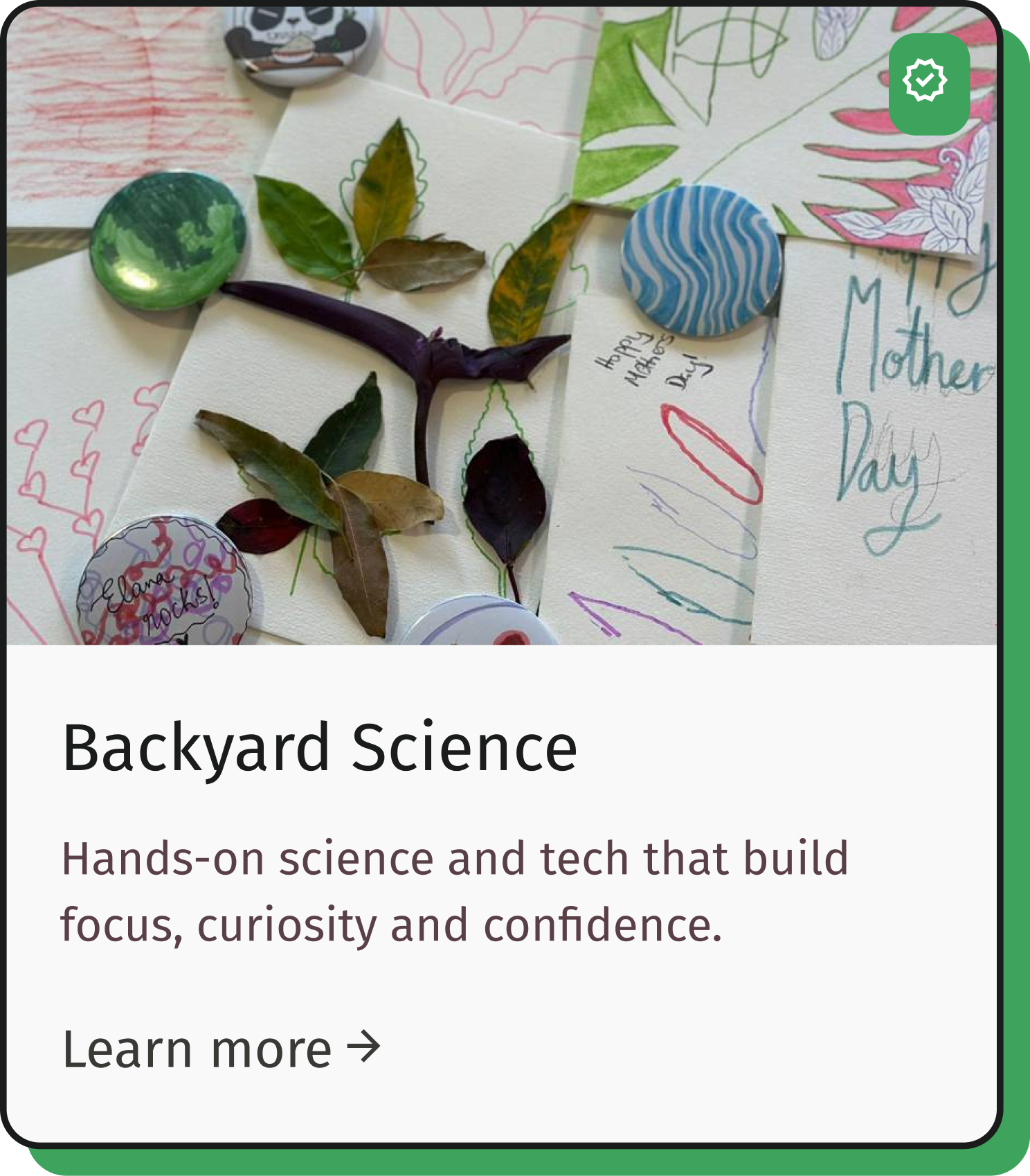 Collection of nature-inspired crafts and artwork, including painted stones, leaves, and drawings, with messages related to Mother's Day.