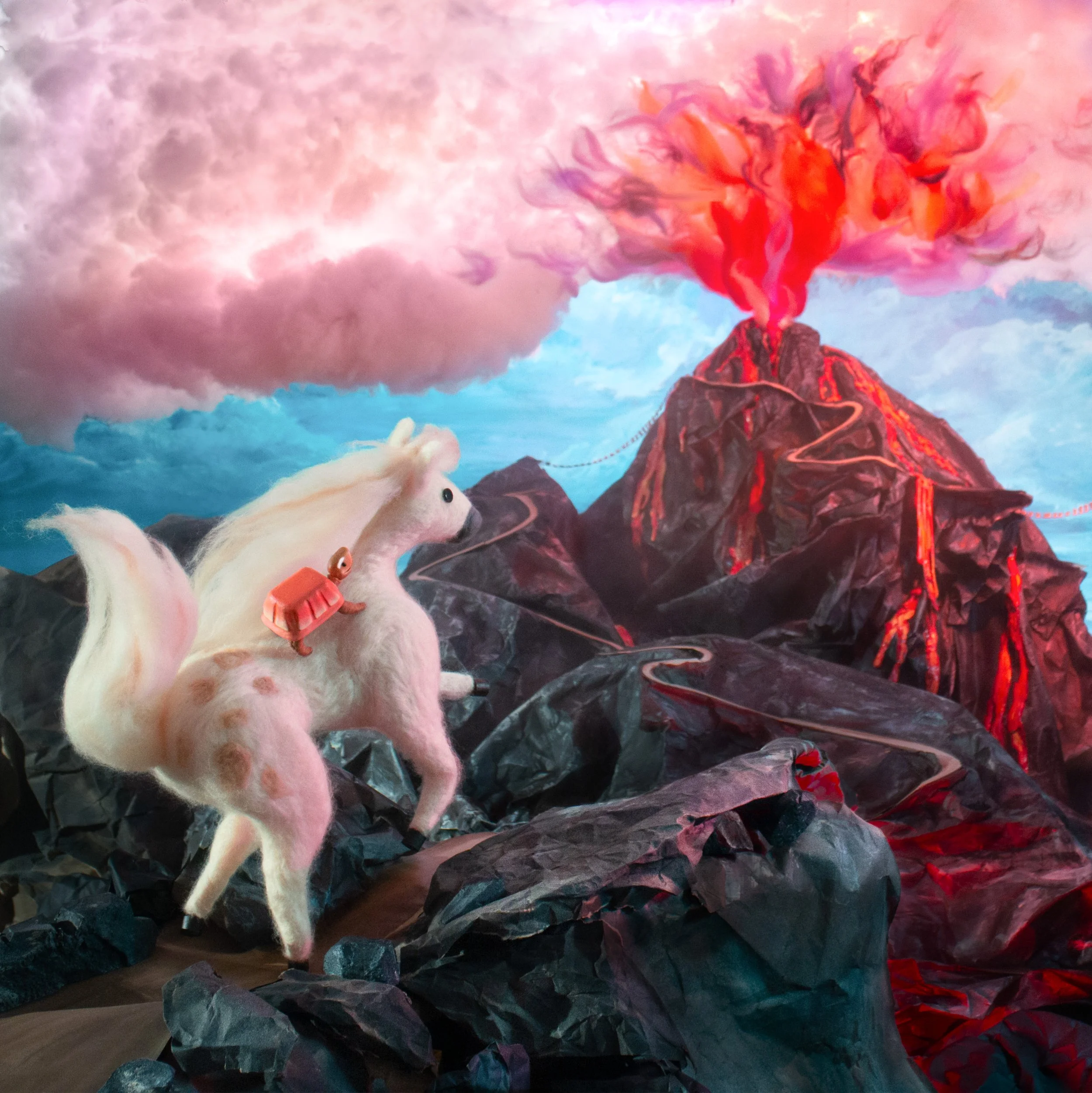 Slowly rides up a volcano on a horse. Illustration from Slowly and Shirley, a book by Spencer Lott and Grace Townley