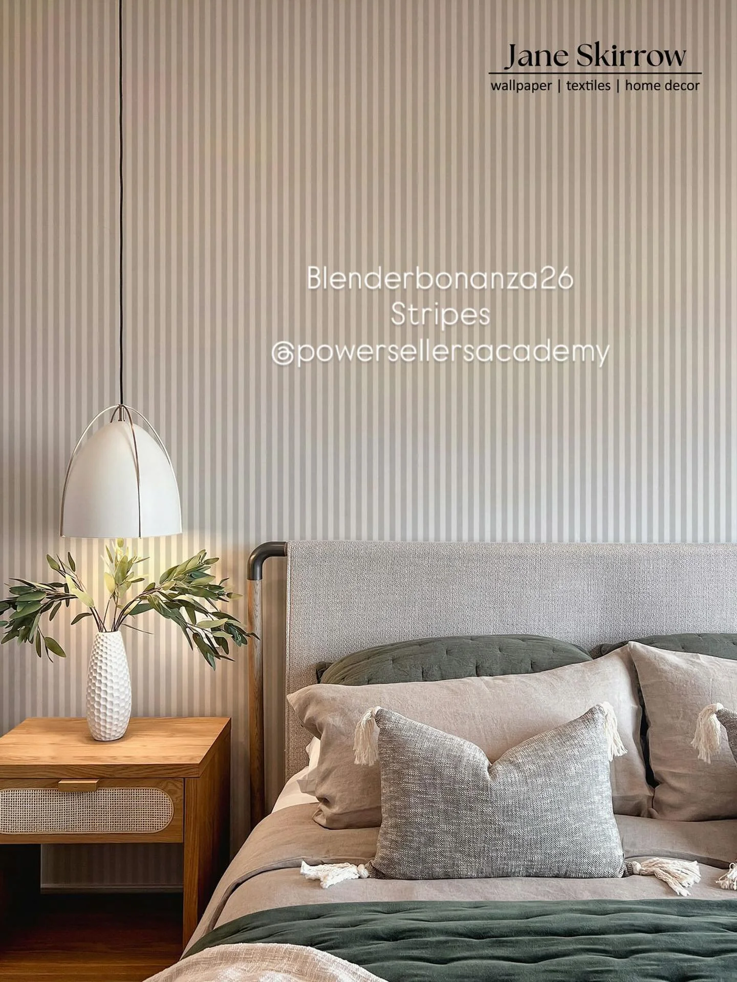 Day 1 of #blenderbonanza26 hosted by Erin @powersellersacademy. &lsquo;Stripe&rsquo; is the prompt for today and I have created a simple pencil stripe, ideal for a clean look in this calm bedroom. 
This wallpaper can be found in my Spoonflower shop (
