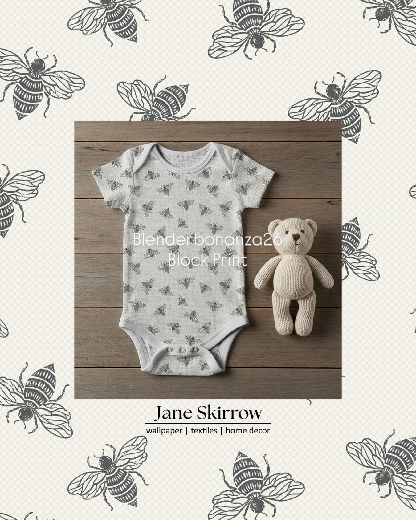 The second prompt for #blenderbonanza26 hosted by @powersellersacademy is &lsquo;Block Print&rsquo; - single motif. This bee looks better in a tossed layout, rather than lined up in straight rows. Ideal layout for this baby onesie. It is available in