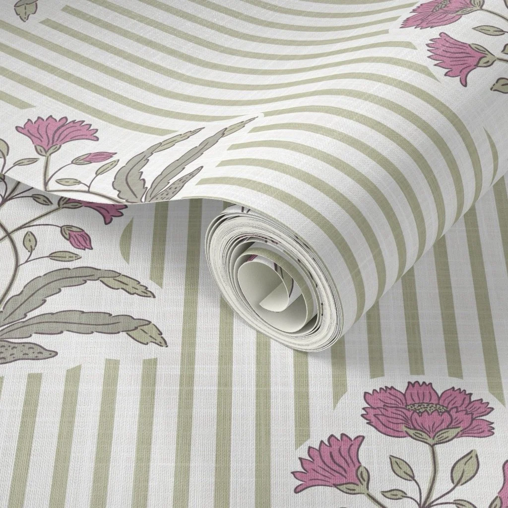 Flower on Stripe Pink and Green, ID: 22777110. Click photo to shop this wallpaper.