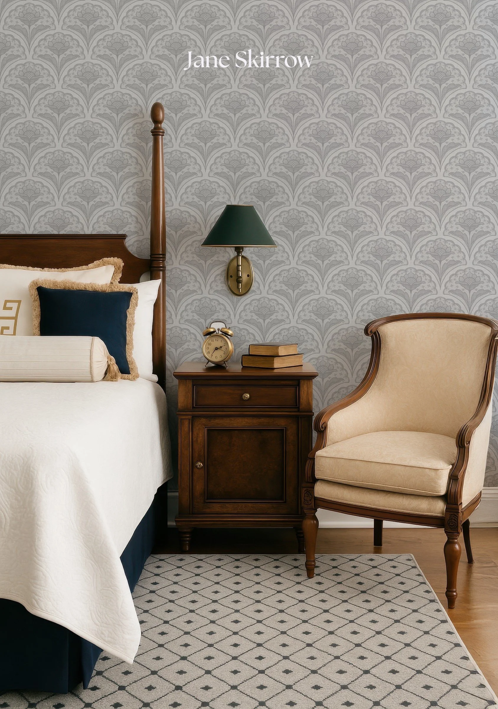 Traditional bed with lace wallpaper 