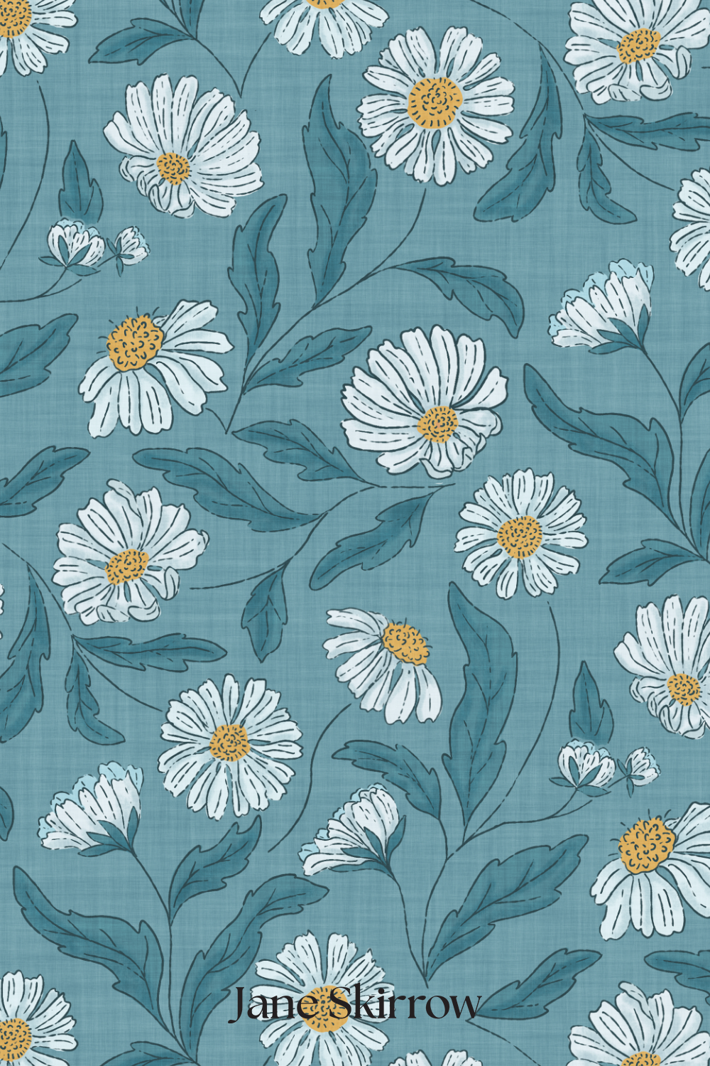 Vintage-trailing-daisies-floral-in-blue-saffron-yellow