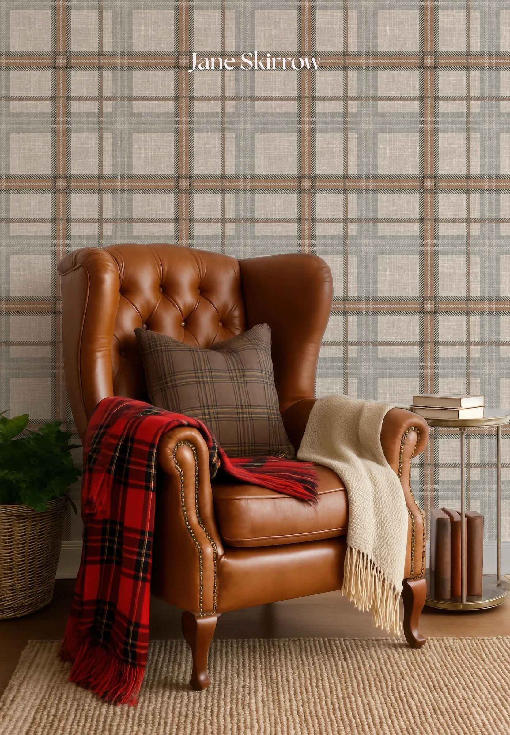 Plaid Wallpaper behind Leather Armchair