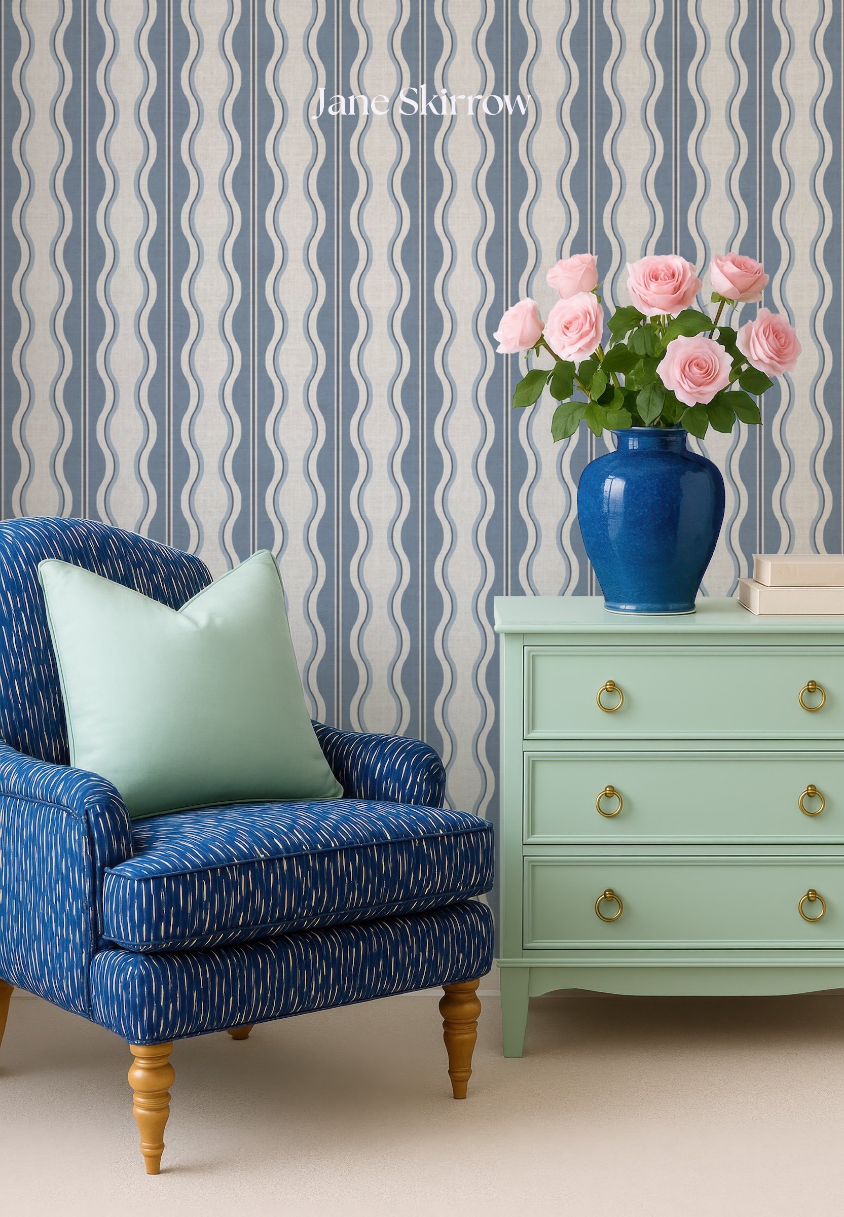 armchair and blue wavy striped wallpaper 