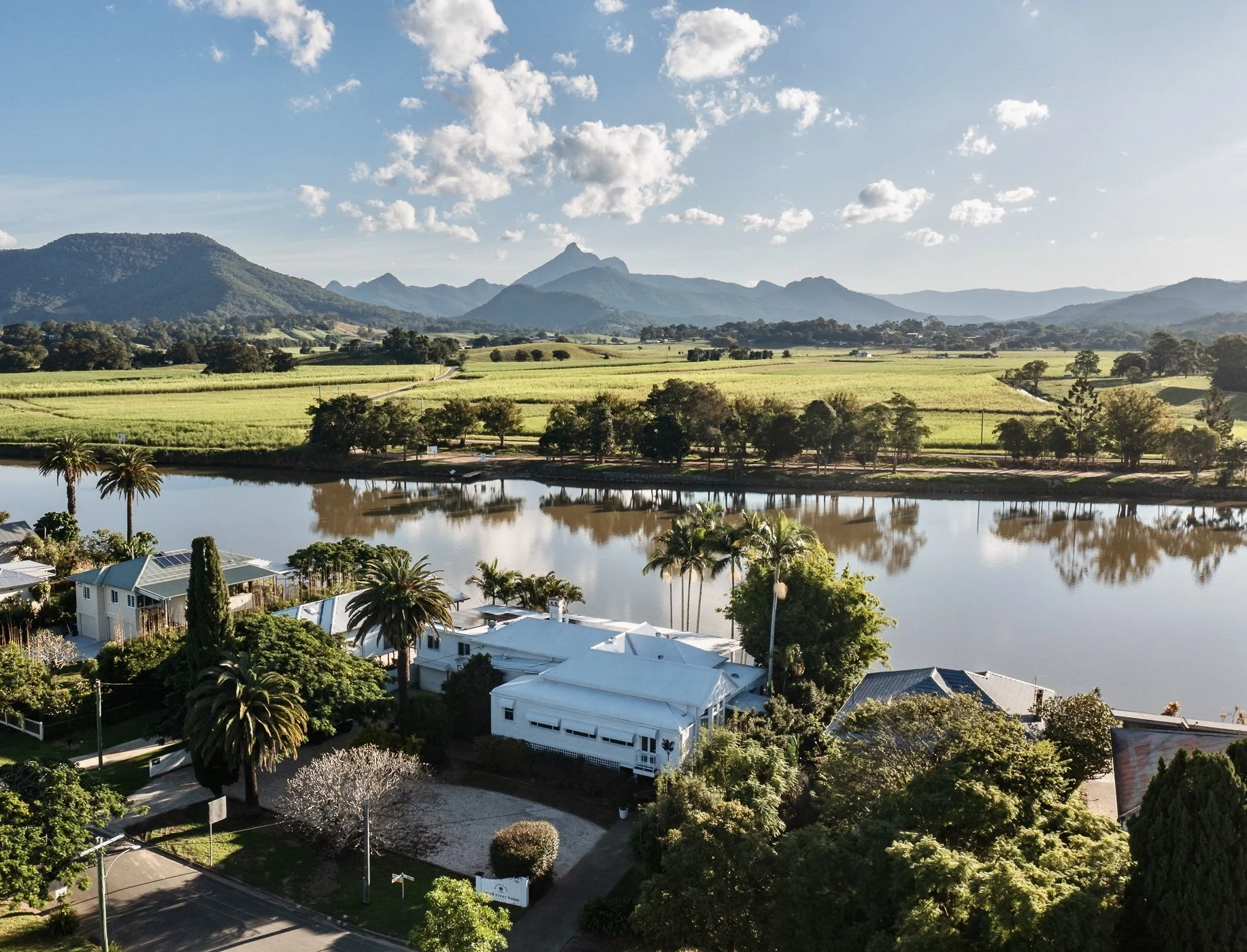 restaurant overlooking river and mountains