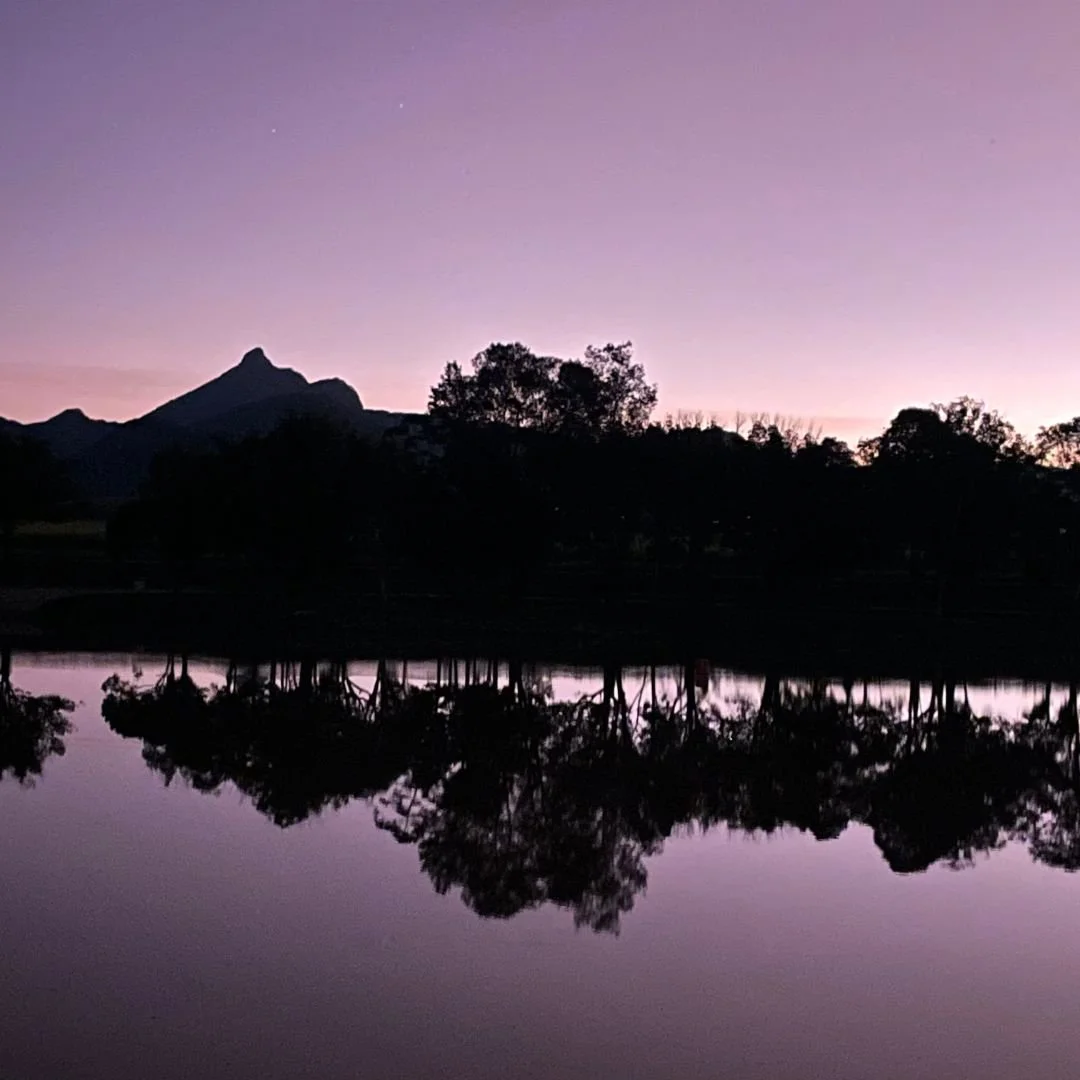 view of mount warning wollumbin across the tweed river at sunset with purple skies