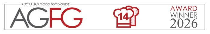 Australian Good Food Guide AGFG Award Winner 2026 logo with a chef's hat and the number 14