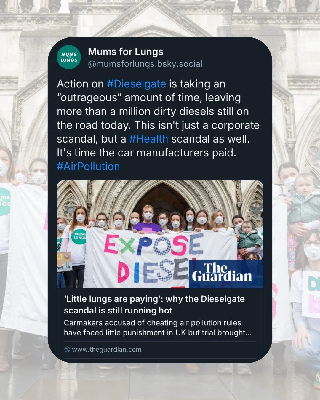 Have you seen us on Page 36 of the Guardian today? We're featured in Damian Carrington's report about the ongoing Dieselgate scandal and the upcoming trial. 

The biggest ever group claim trial in English legal history begins on Monday, involving 1.8