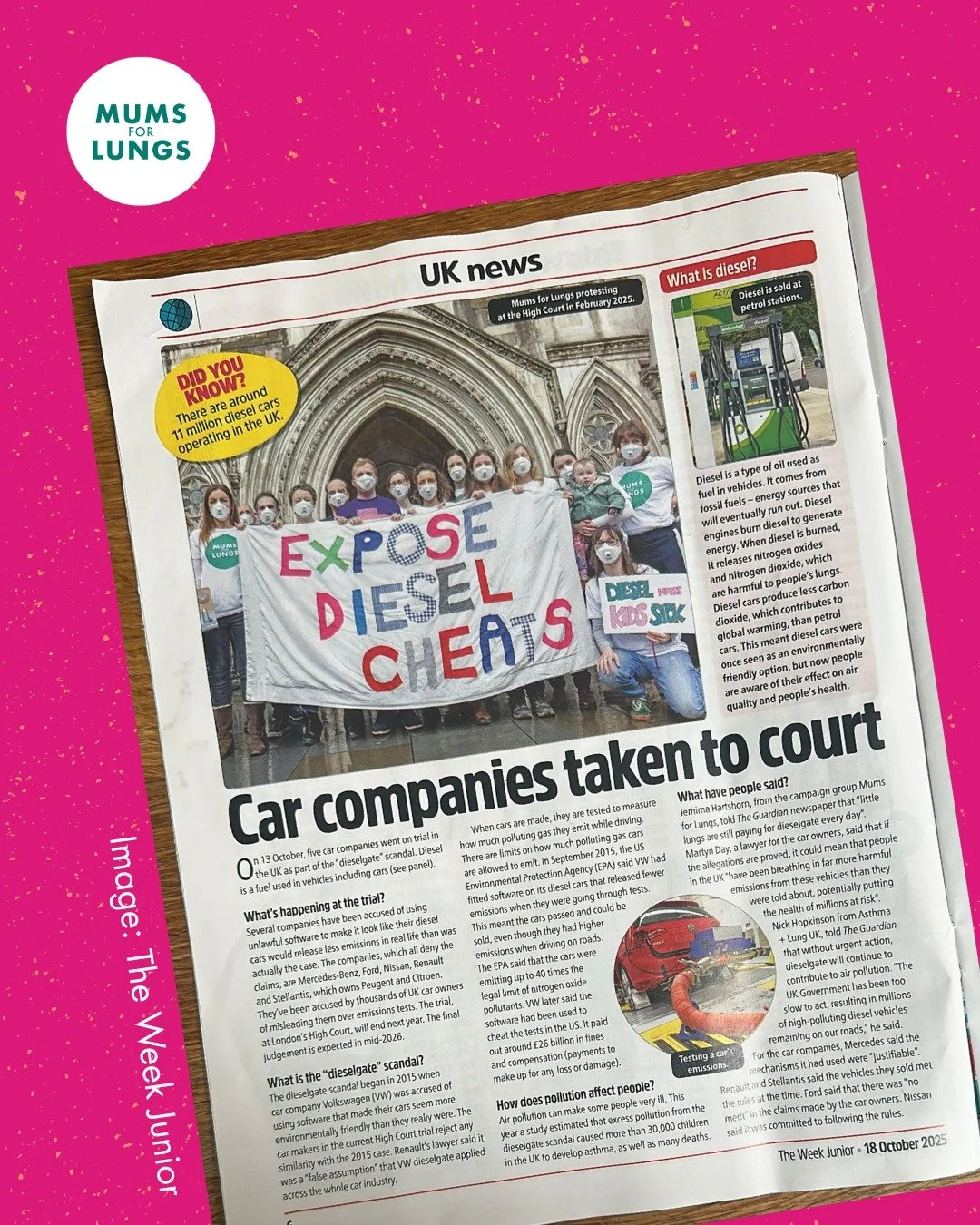 We were so pleased to see coverage of the Dieselgate trial in @theweekjunior recently. The excitement from the children of parents in our network was high!

It's 8 weeks today since we gathered outside the High Court on the first day of the Dieselgat