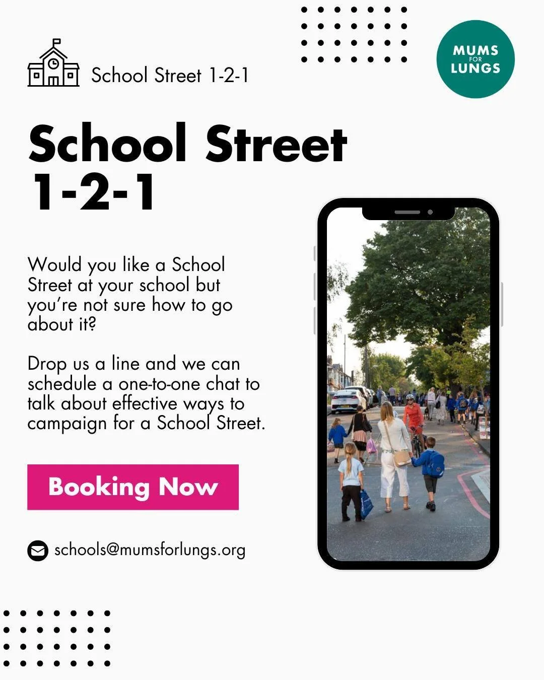 🙋&zwj;♀️ School Street 1-2-1 🙋&zwj;♀️

Would you like a School Street at your school but you're unsure how to go about it? We can help! We talk to people all the time about how to get the ball rolling on safer and healthier school runs. 

Email our