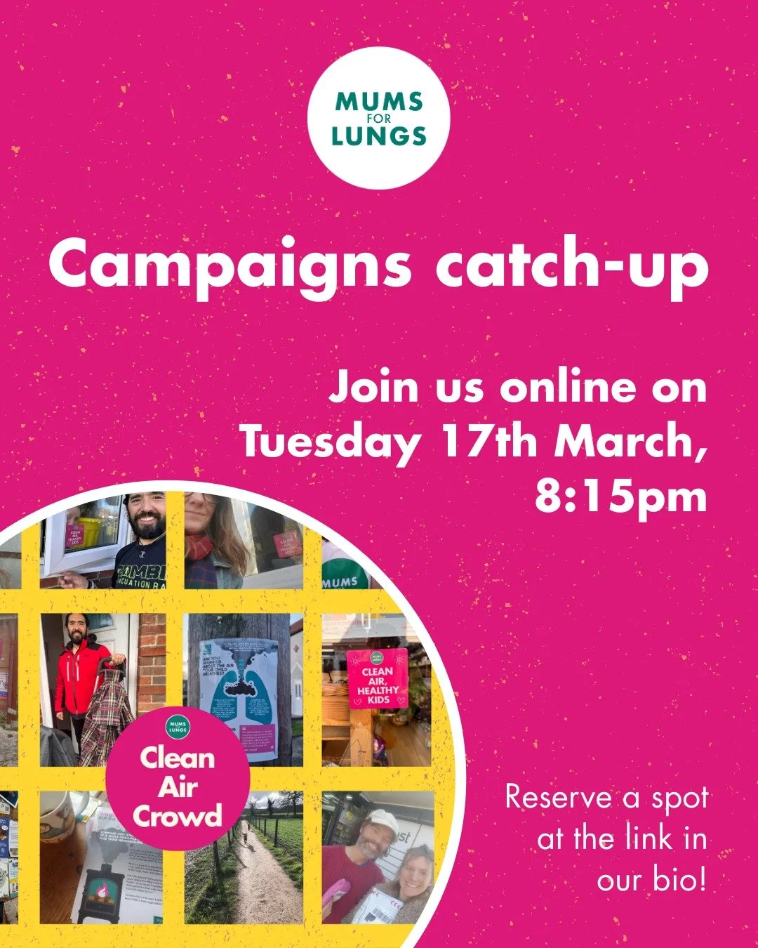 Join us next Tuesday, 17th March, at 8:15pm on Zoom for our March volunteer meeting.

We'll share news on our current and upcoming campaigns, including wood burning, the local elections and the Dieselgate trial, and talk through ways you can get invo