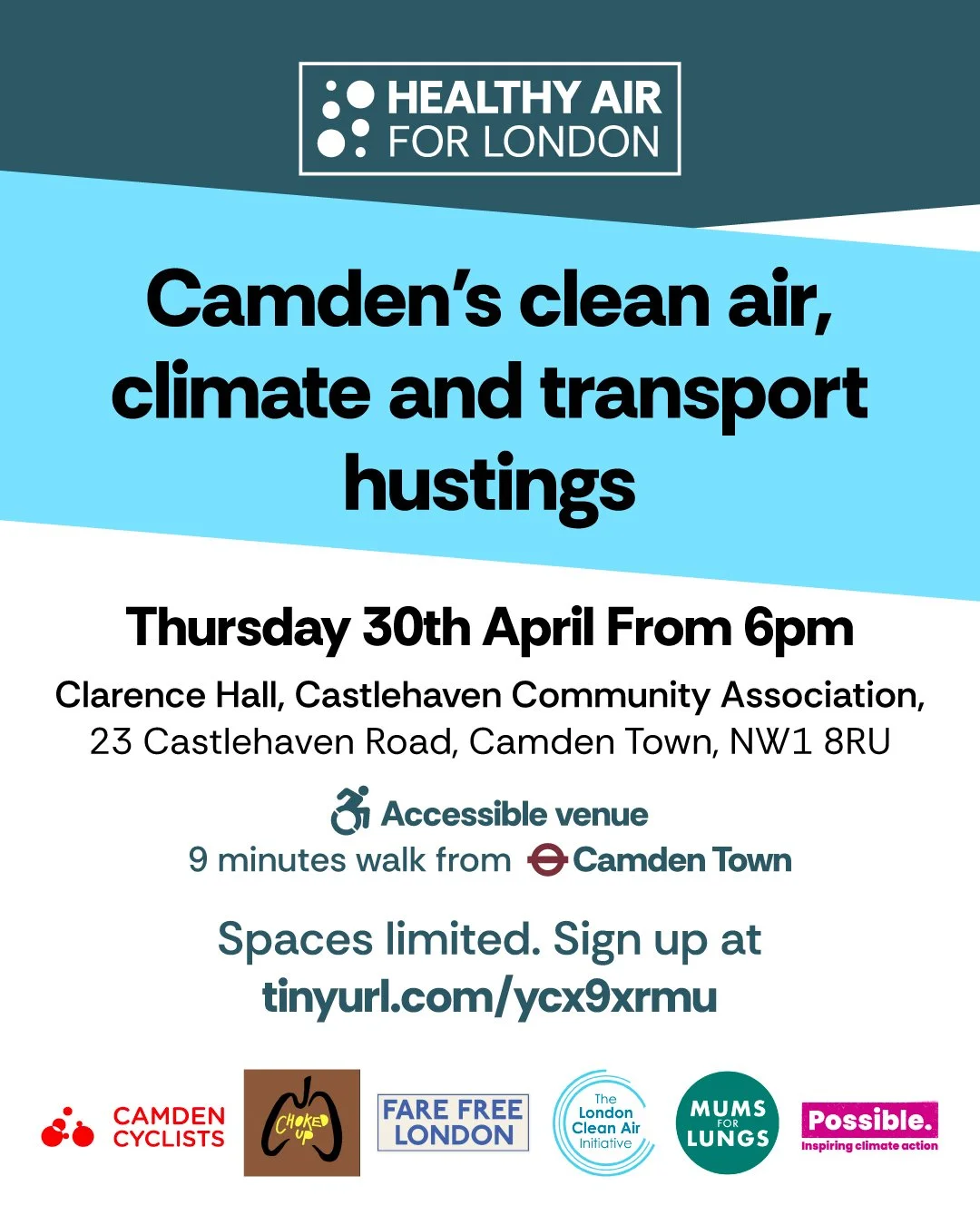 Join us on 30th April from 6pm to quiz Camden's candidates on actions for clean air, climate and transport. 

We'll be there alongside @_wearepossible, @camdencyclists, @farefreelondon, @chokedup_uk and @the_lcai to push for strong commitments from c