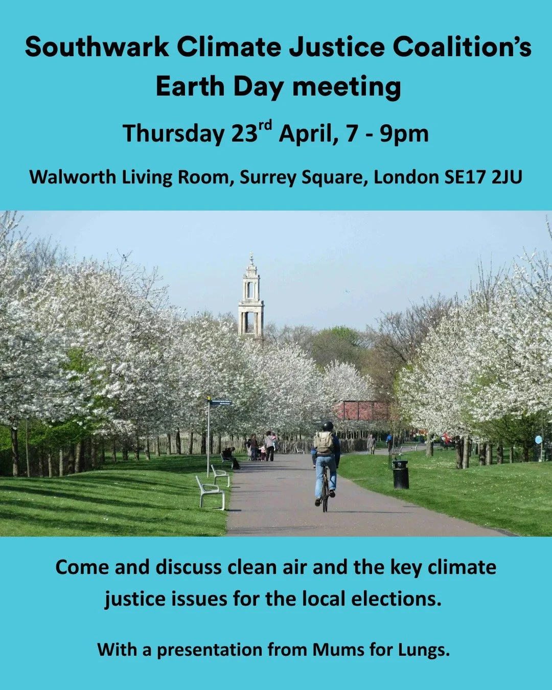 Join us at this Thursday's Southwark Climate Justice Coalition meeting. 

Celebrating Earth Day, we'll be presenting on air pollution and taking part in a discussion on local clean air and climate ahead of the local elections. 

Come along and take p