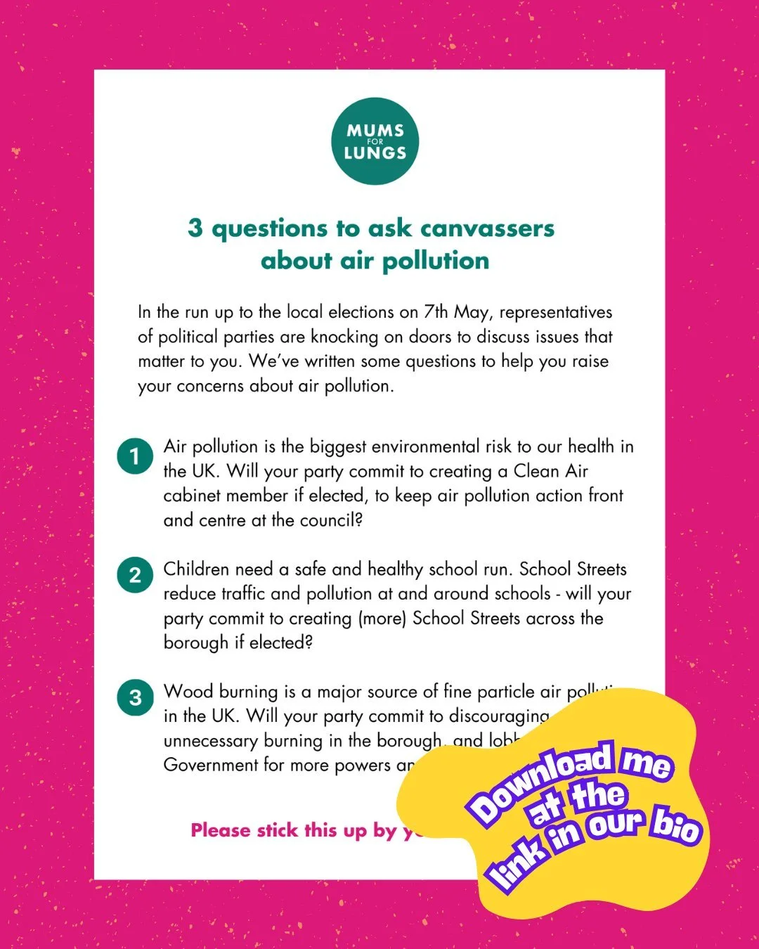 Not sure what to say to local elections canvassers about air pollution? We have the solution! 

Download our handy questions and keep them by your front door so you can engage with party representatives when they come knocking. Less than a week to go