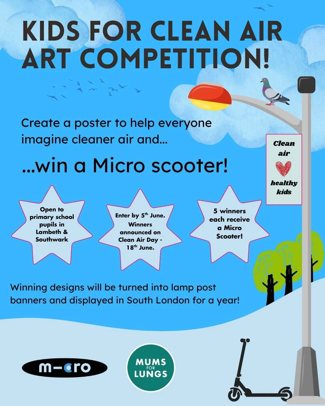 Your kid is about to be famous 👀.

We're running a Kids for Clean Air Art Competition and we need South London's young artists to get involved. If your child goes to primary school in Lambeth or Southwark and has opinions about the air we breathe (l