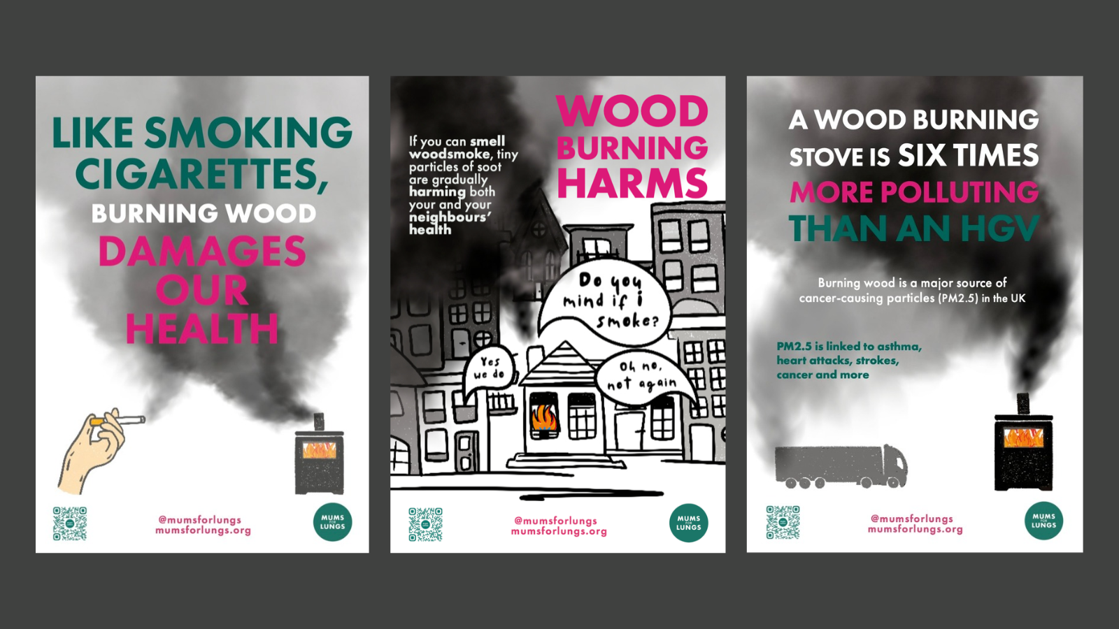 A grey background with three posters in a row, all of which are about the air pollution impacts of wood burning.