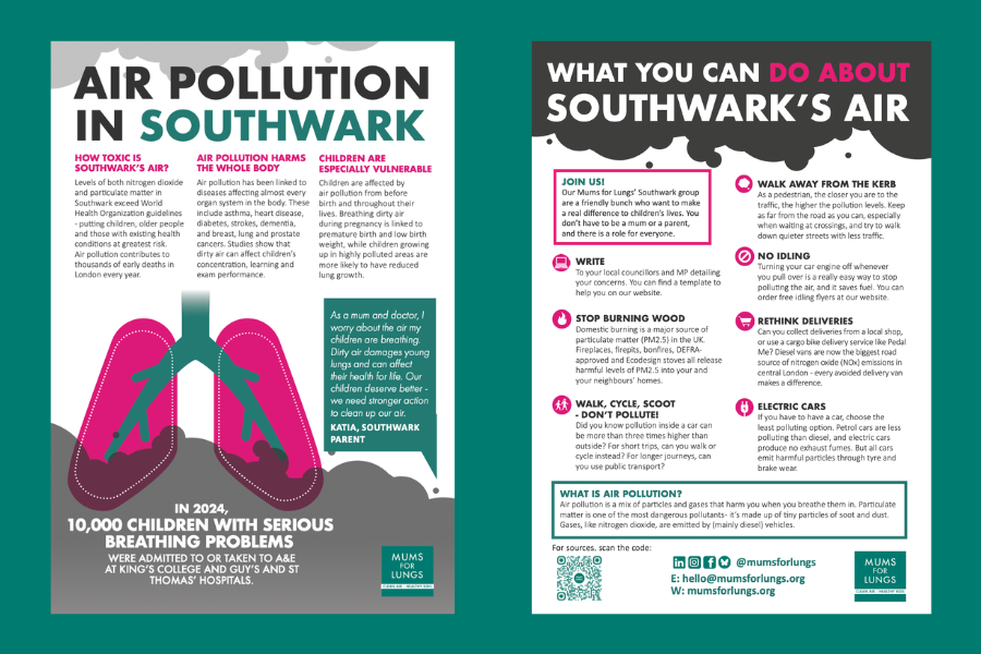 Image shows the front and back page of an air pollution flyer specific to Soutwark. There is a green background.
