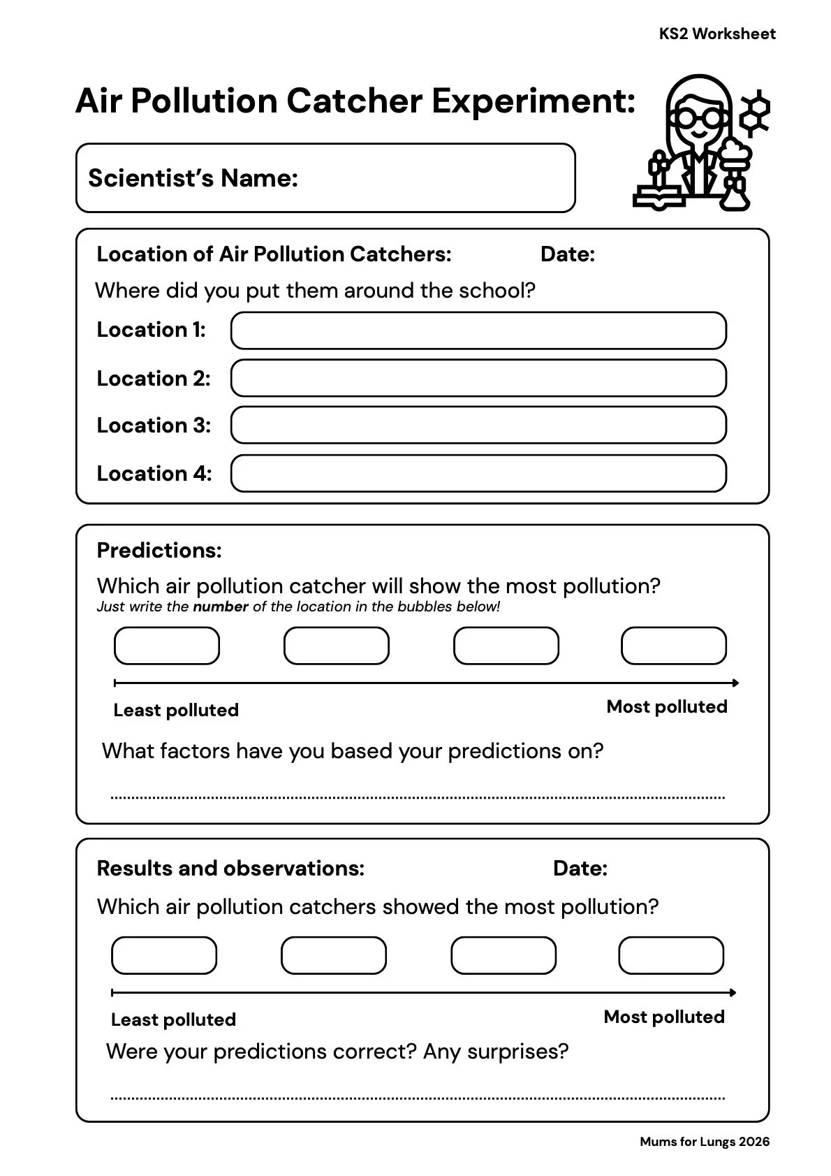 An air pollution catcher worksheet, with space to write down the findings of the catcher