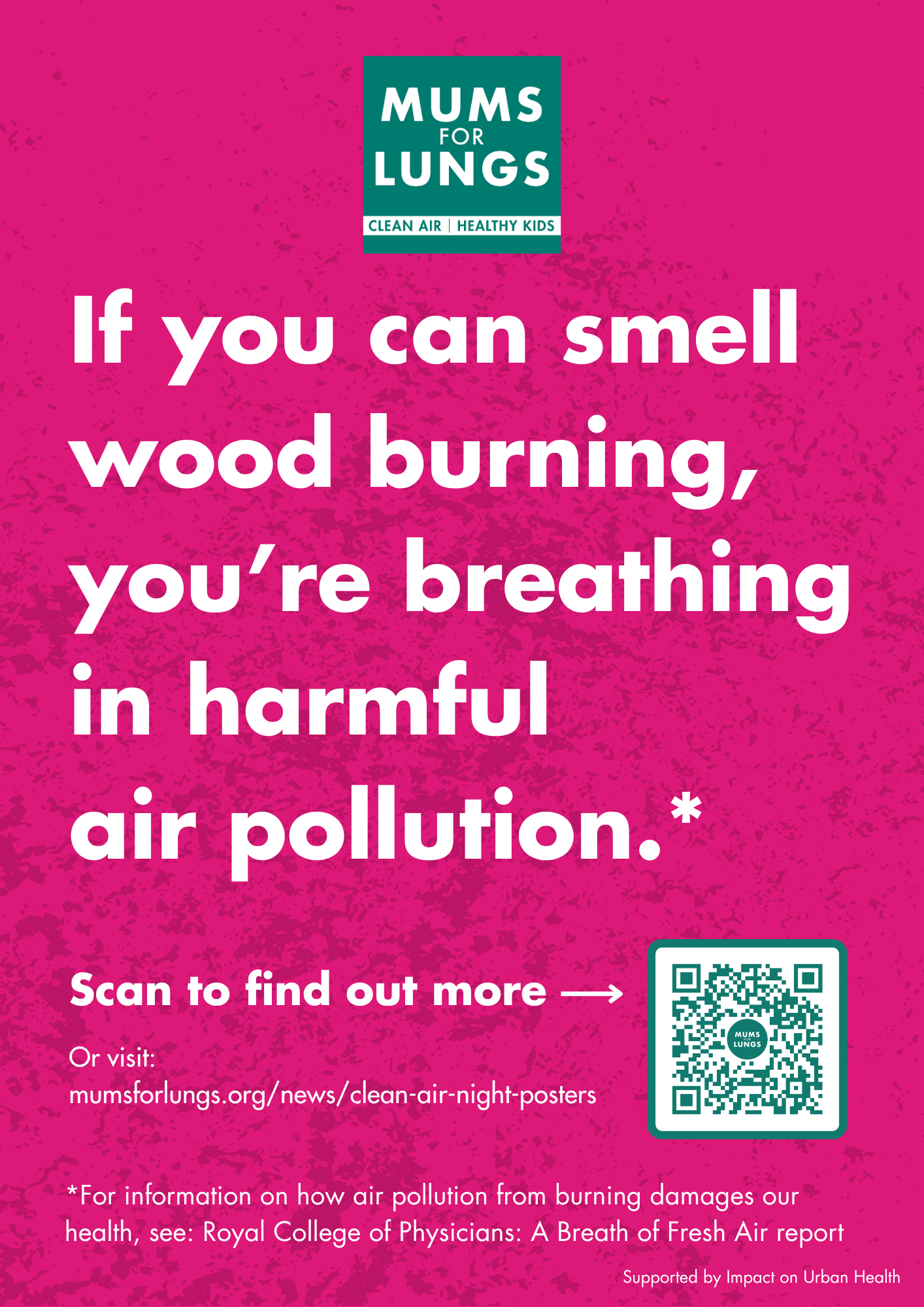 A pink poster with an awareness message about air pollution from wood burning