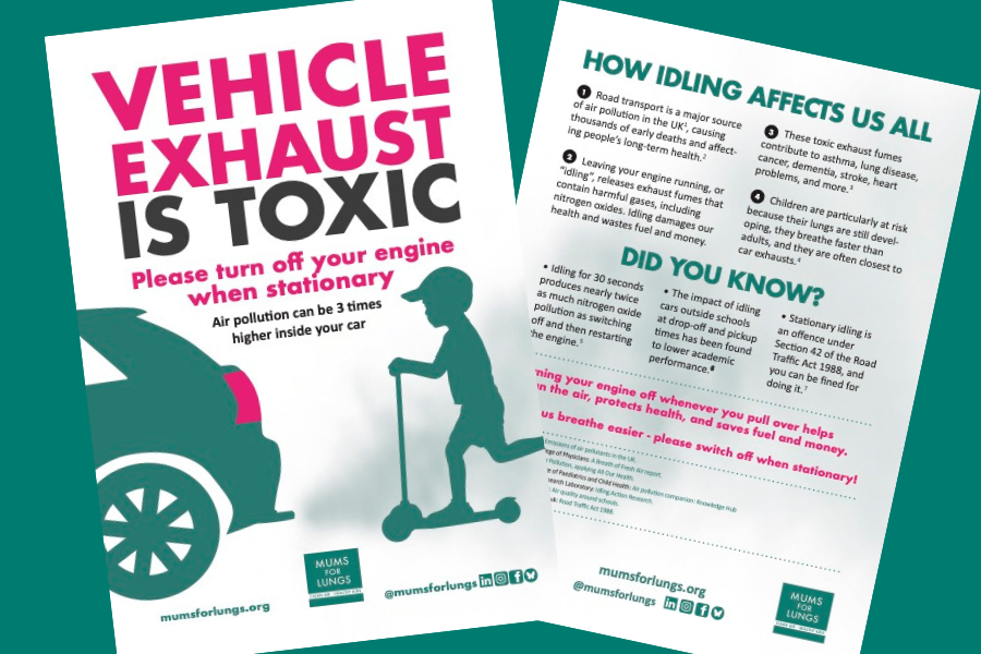 Two images of an information flyer about idling, on a green background. On the left is the front page of the flyer, with the headline "Vehicle exhaust is toxic, please turn off your engine when stationary". On the right is the back of the flyer.