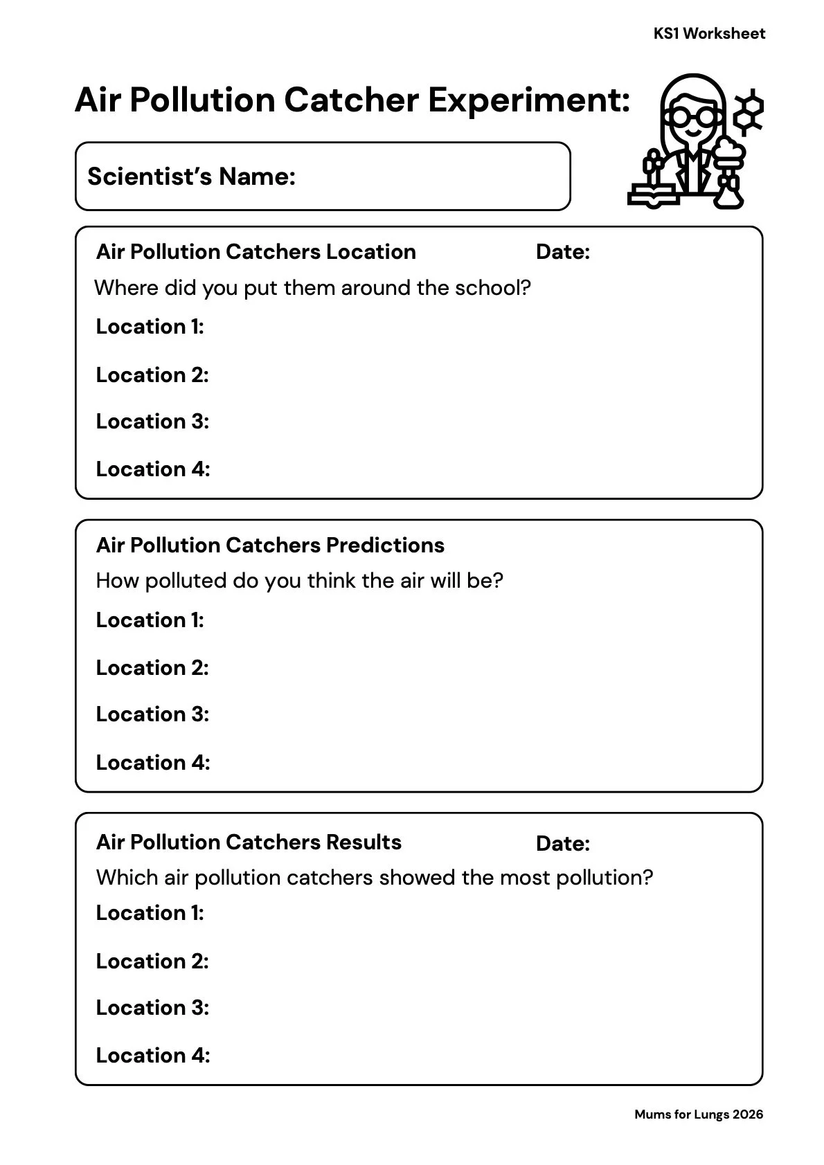 An air pollution catcher worksheet, with space to write down the findings of the catcher