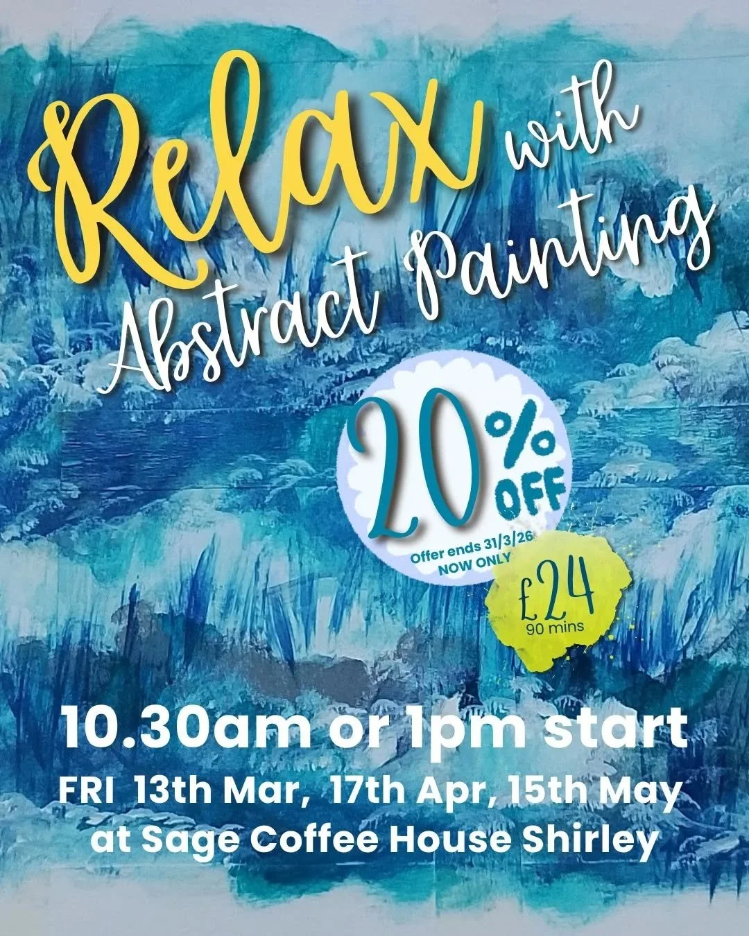 Time to relax?

20% discount ends 31/3/26. So if you're thinking of coming next month, you might want to book up now, before the price goes back up to &pound;30 🎨

Tickets available on my website or pop into @at_sage_coffee to book in person. 

Frid
