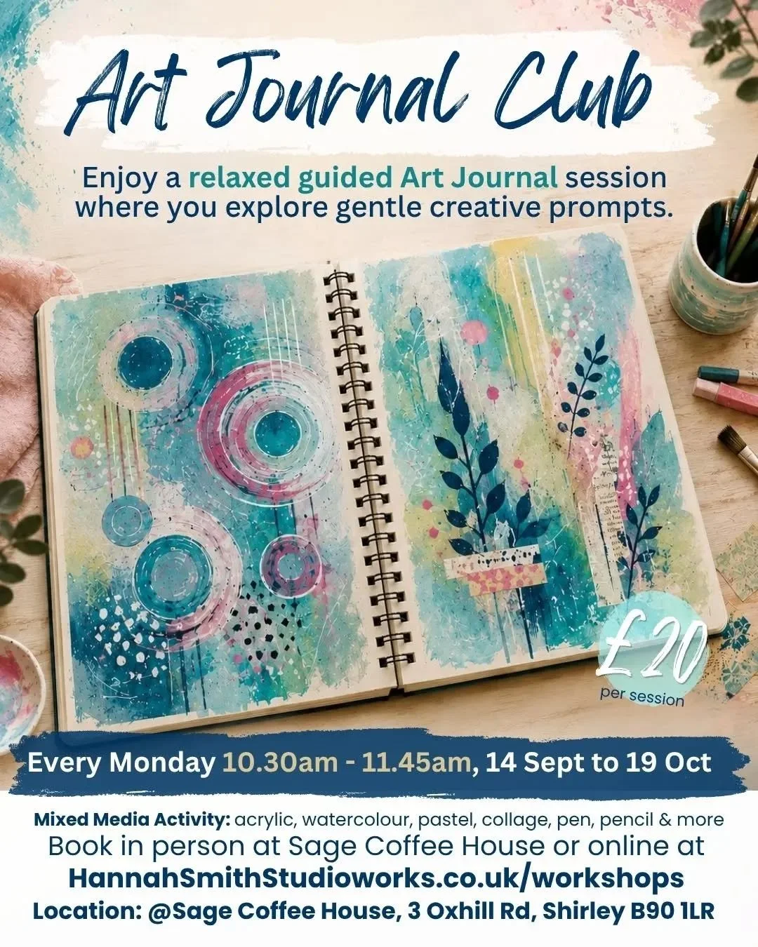 Art Journal Club every Monday at @at_sage_coffee in Shirley.

Take a moment for yourself 🌿 

As with all my workshops this is a low pressure activity, for you to be you. There is no right or wrong way, just your way and I'll be there to guide you th