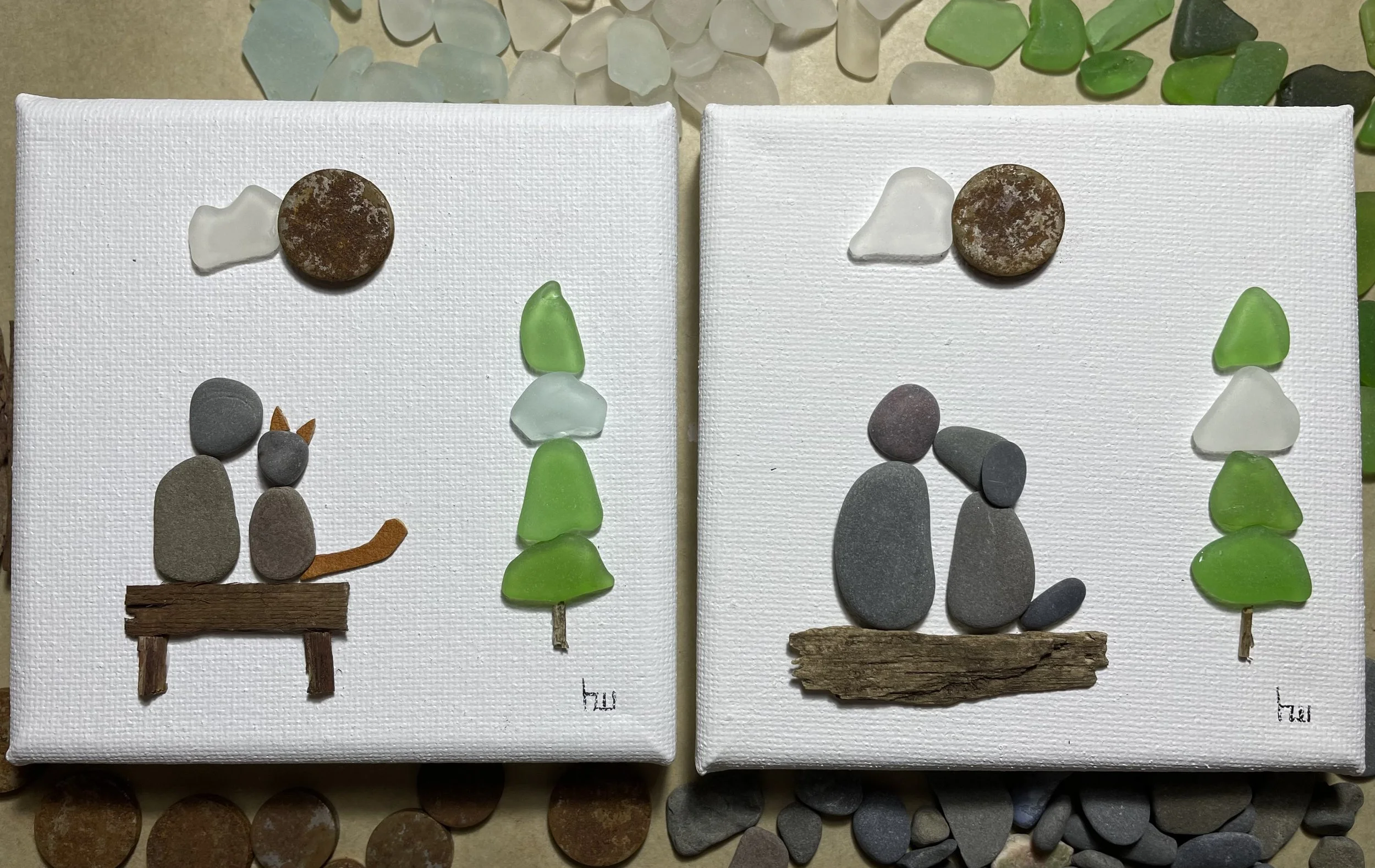 My Cat / My Dog, ea 4x4", sea glass, pebbles, metal, wood (visual examples w/o ashes)