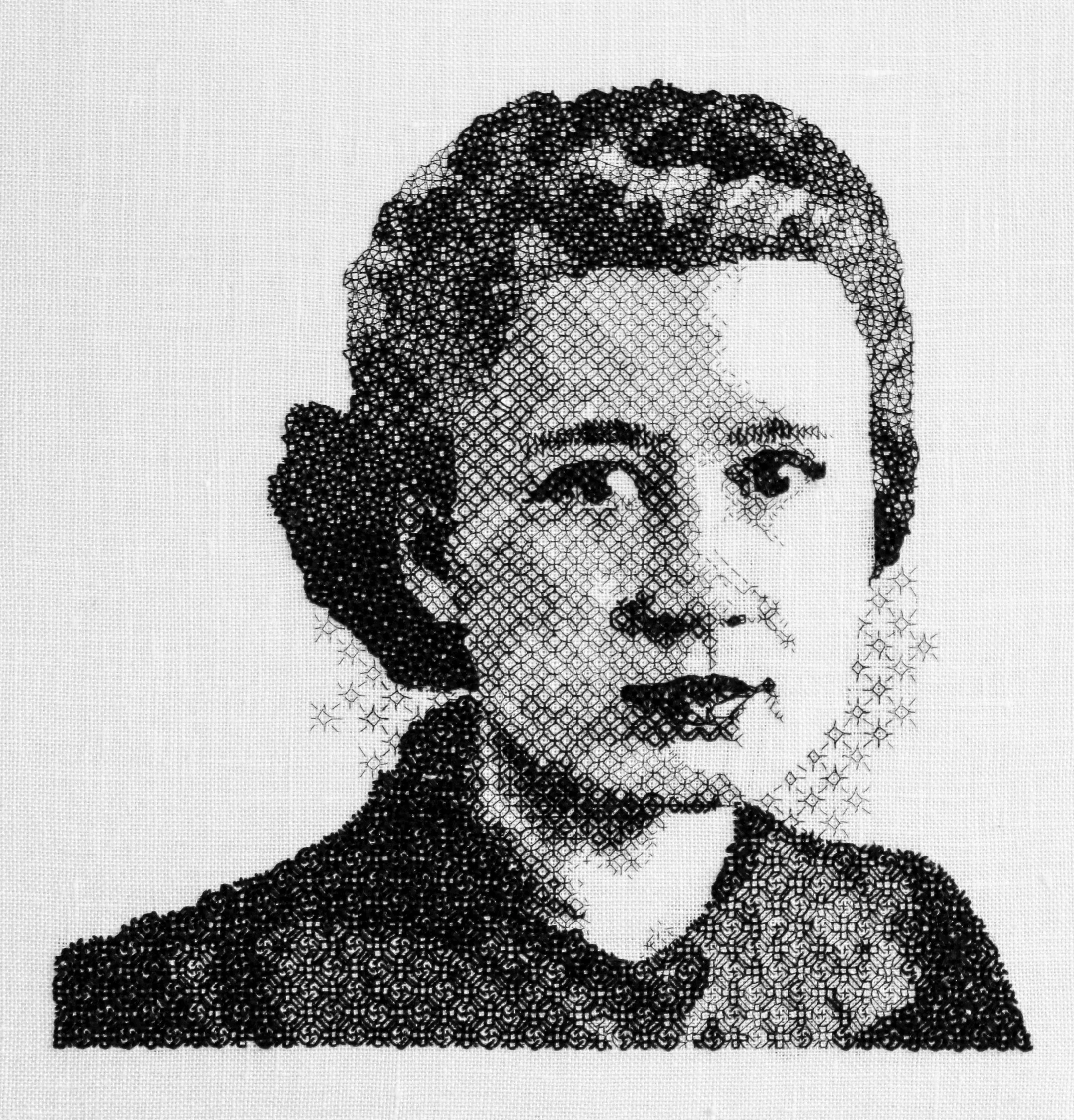 "My Nana" (2025), blackwork embroidery on linen, 30.5cm x 30.5cm x 2cm (framed), NFS