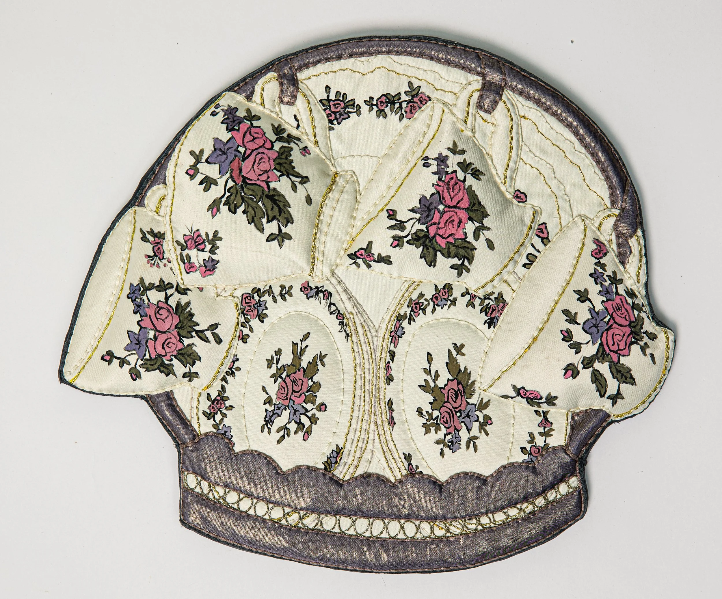 "Debbie's Queen Anne Teaset" (2025), hand-embroidered and hand-painted silk and other textiles, 29cm x 34.5cm x 3cm, £800
