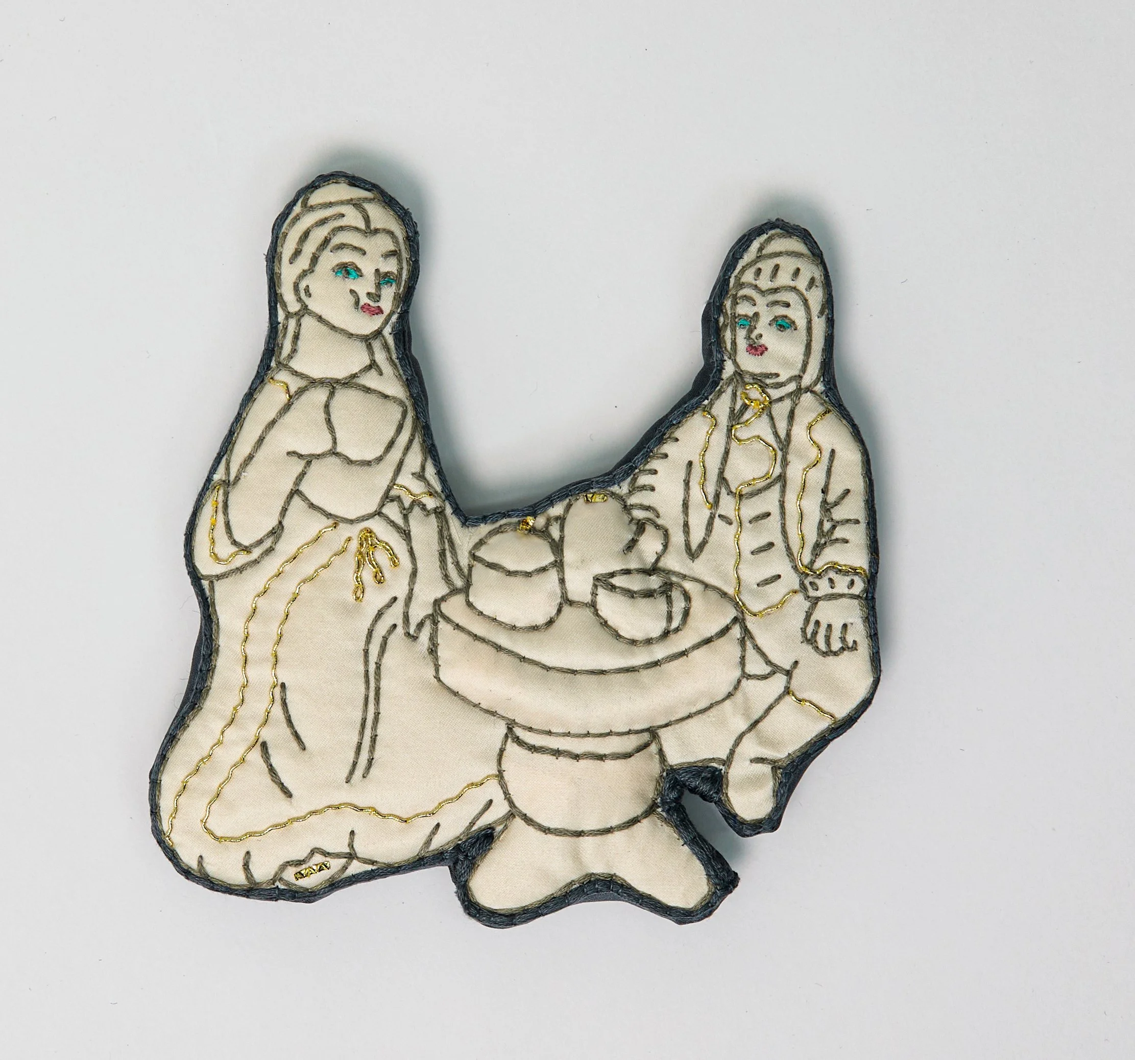 "Chrissie's Tea Drinkers" (2025), hand embroidered silk and other textiles, 14cm x 15cm x 2cm, £450