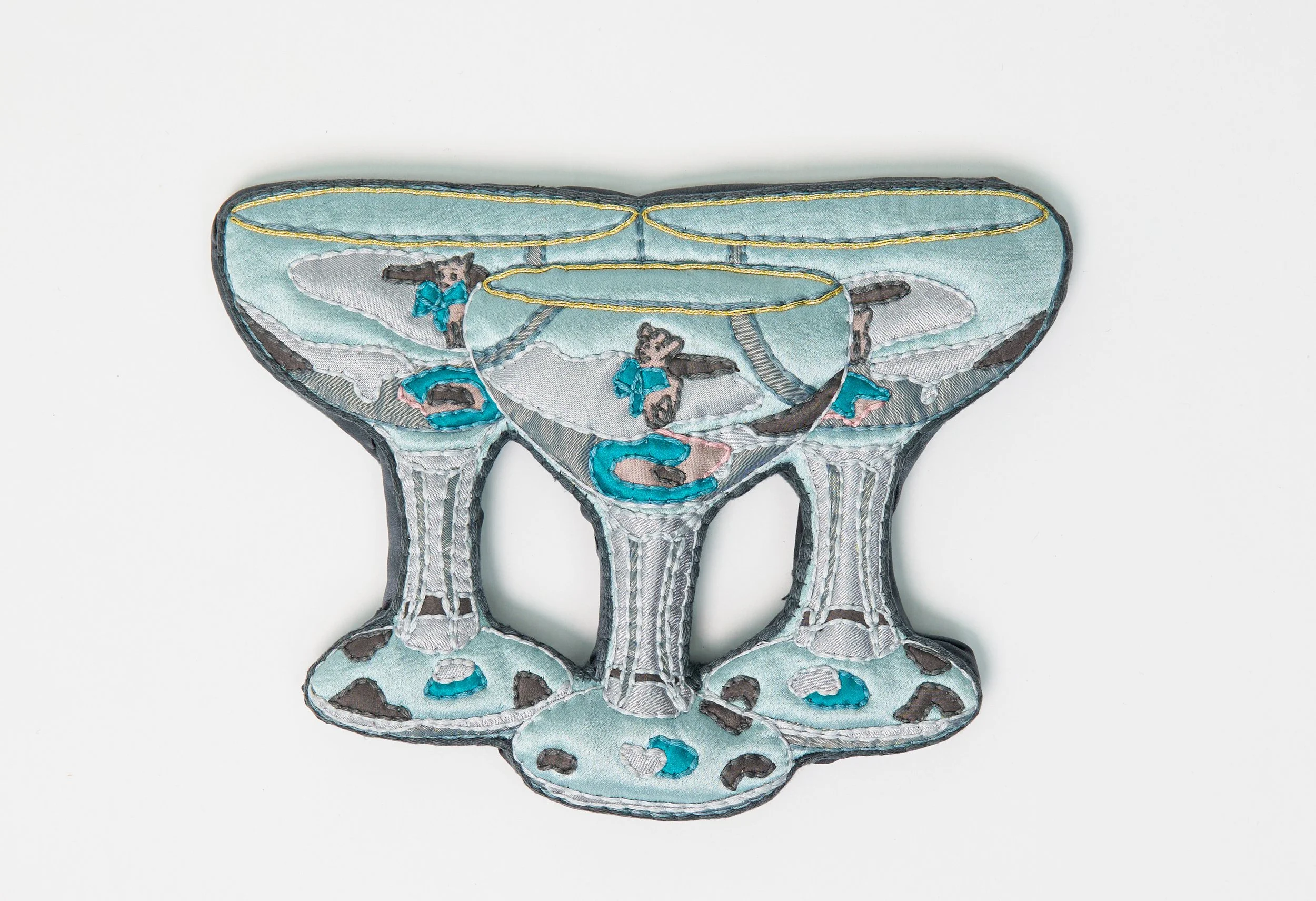 "Mum's Babycham Glasses" (2025), hand-embroidered silk and other textiles, 15.5cm x 21cm x 2cm, £800