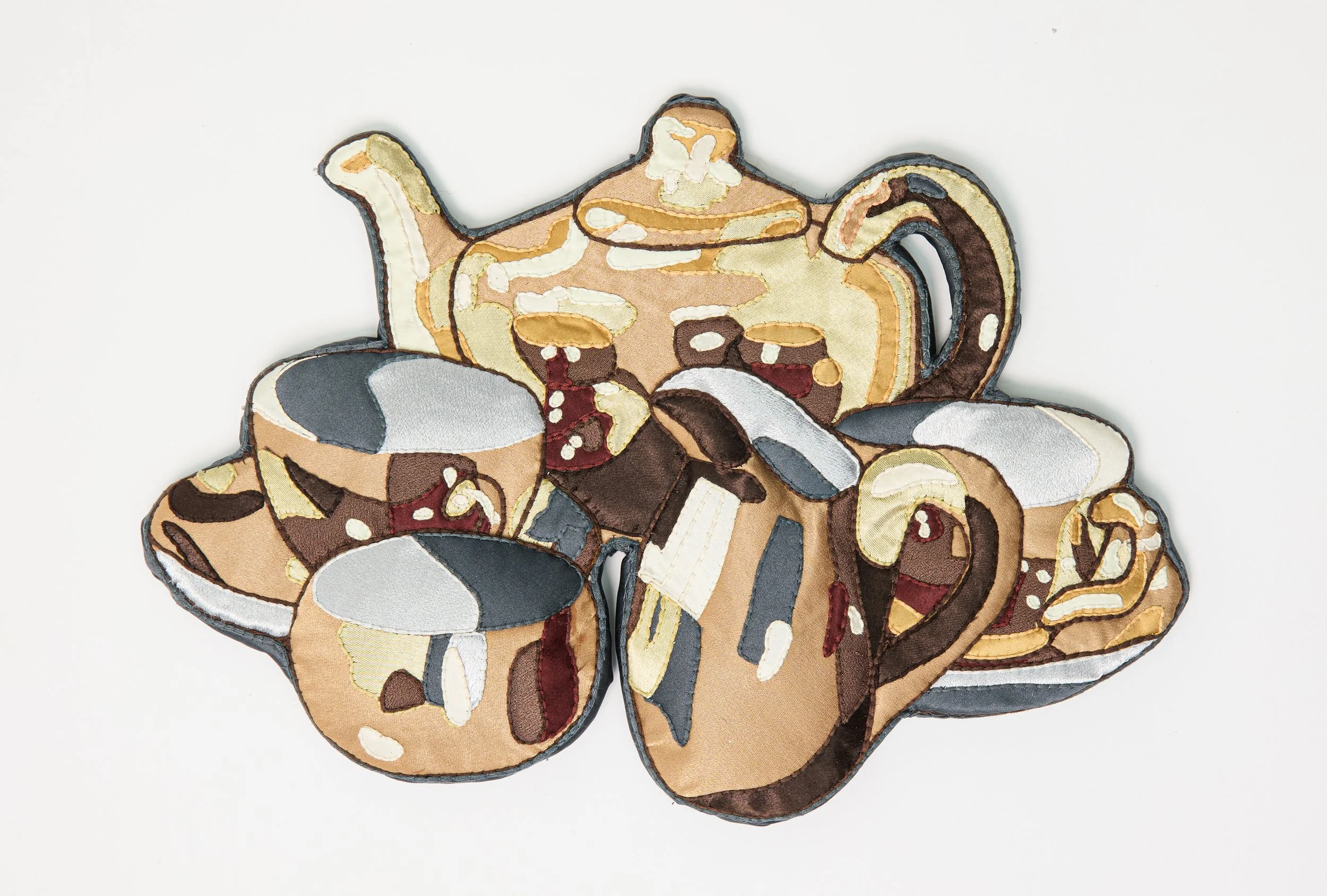 "Mum's Lustre Coffee Set" (2025), hand-embroidered silk and other textiles, 24.5cm x 34.5cm x 2cm, £800